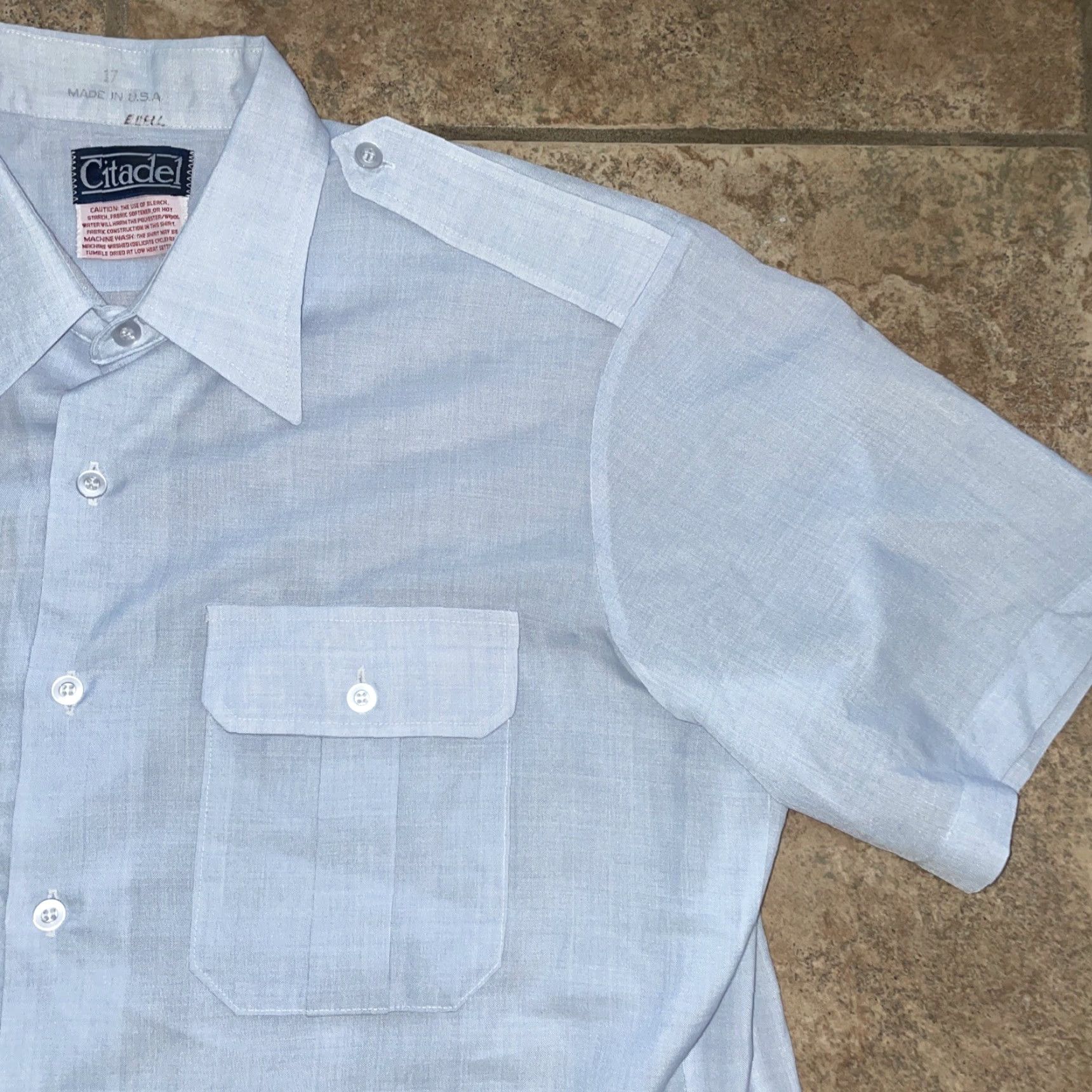 Vintage VTG Citadel Military Style Button-Down Shirt Polyester Wool Blend Mens Size 17 Blue Short Sleeve Button-Up Shirt Mens 17 Military VTG Citadel Size US XL / EU 56 / 4 - 2 Thumbnail