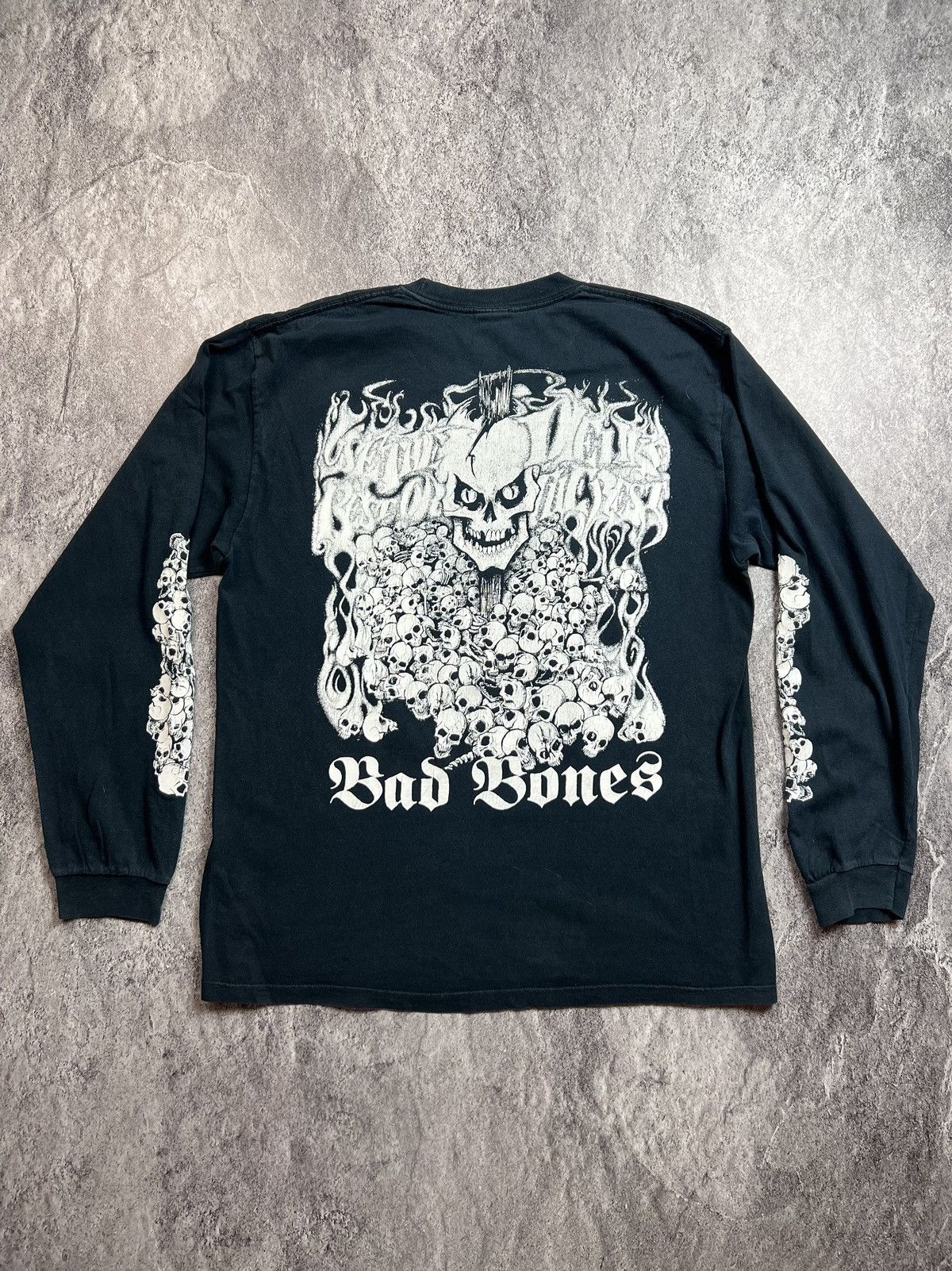 Vintage 1991 crazy bad bones washed skull motorcycle l/s Tee Shirt