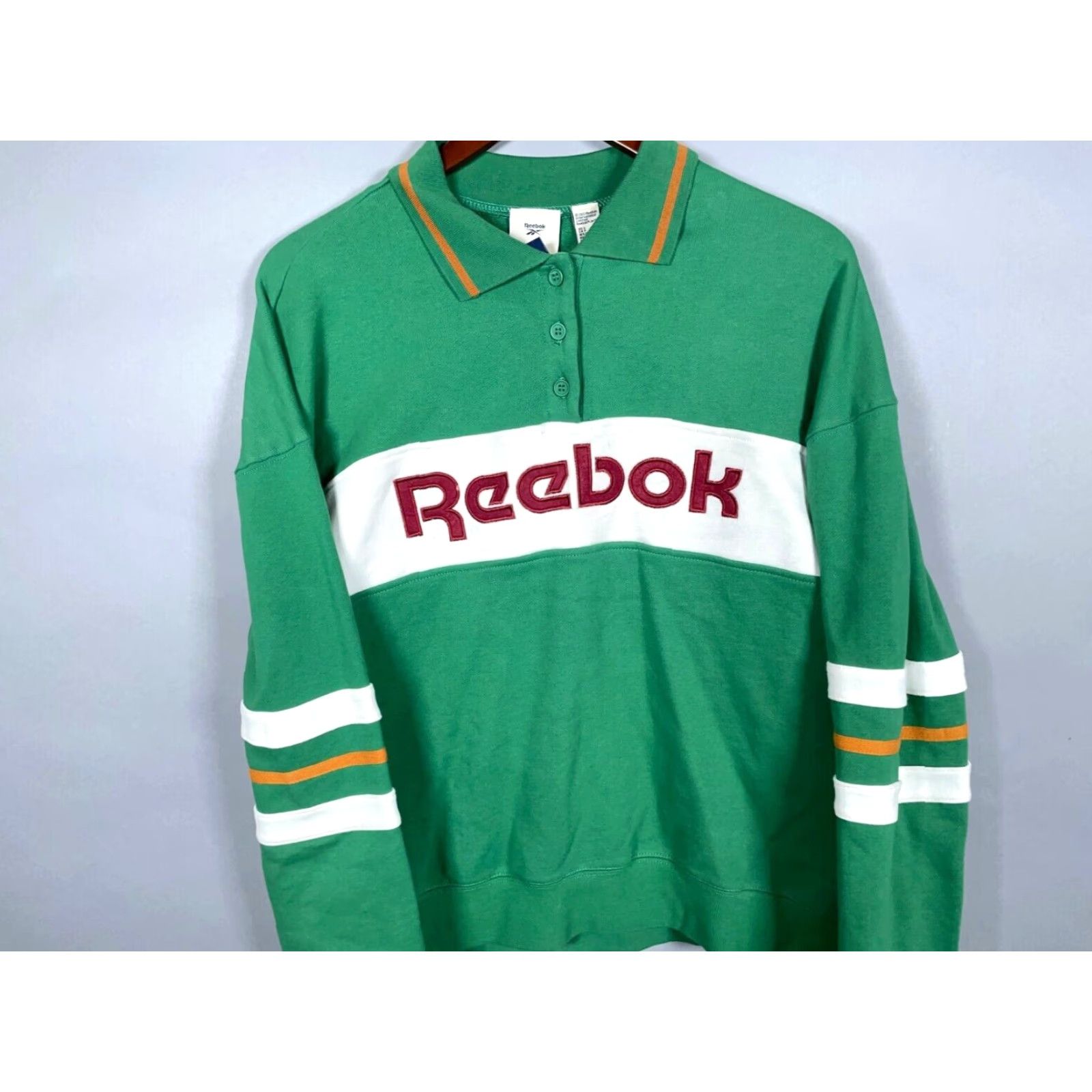 Forever 21 FOREVER 21 x Reebok Women's Small Green Striped Pullover Sweatshirt - 90s Retro Relaxed Fit Size S / US 4 / IT 40 - 3 Thumbnail