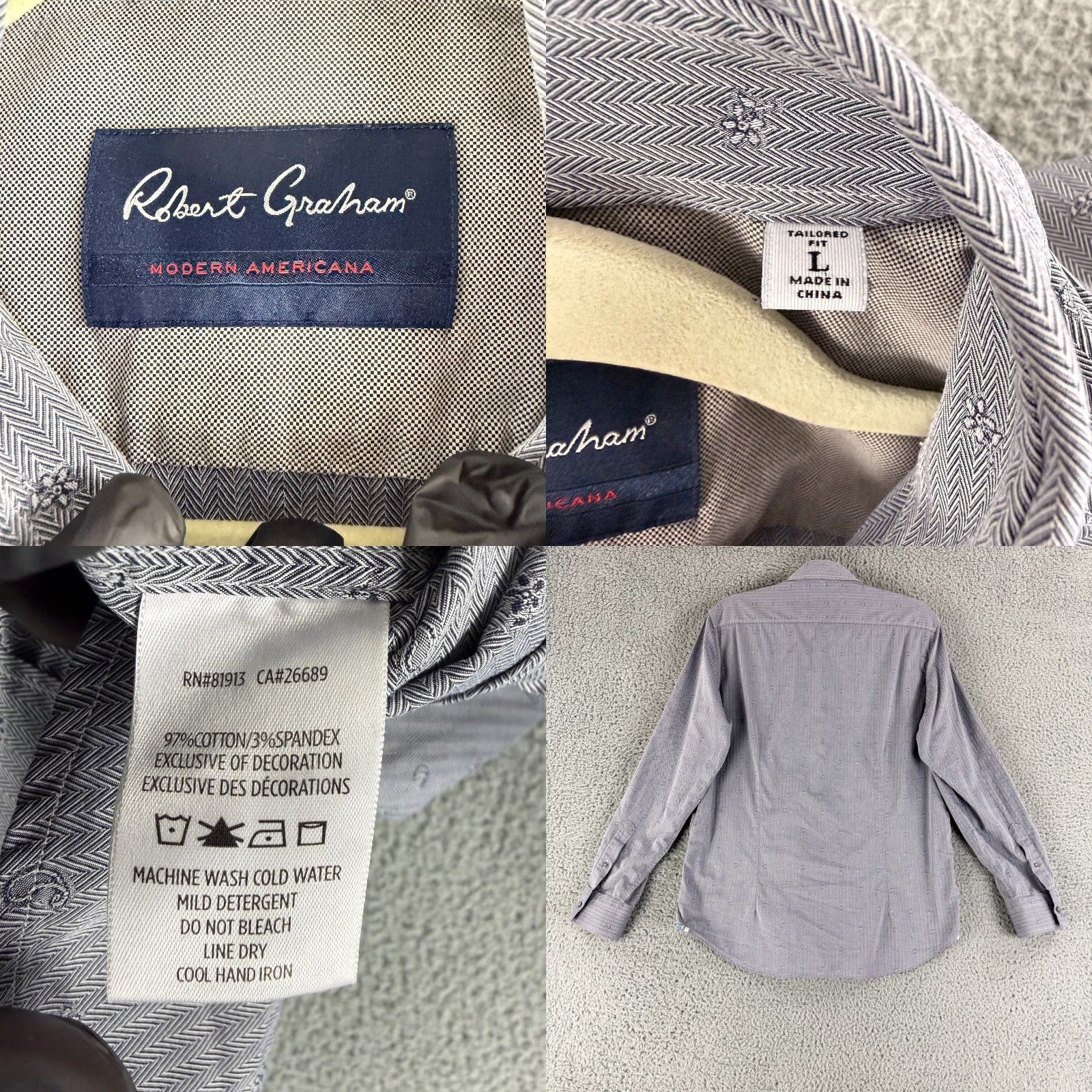 Robert Graham Robert Graham Modern American Button-Up Shirt Men L Tailored Herringbone Gray Cotton Long Sleeve Casual Party/Cocktail Travel Brown? Size US L / EU 52-54 / 3 - 8 Thumbnail