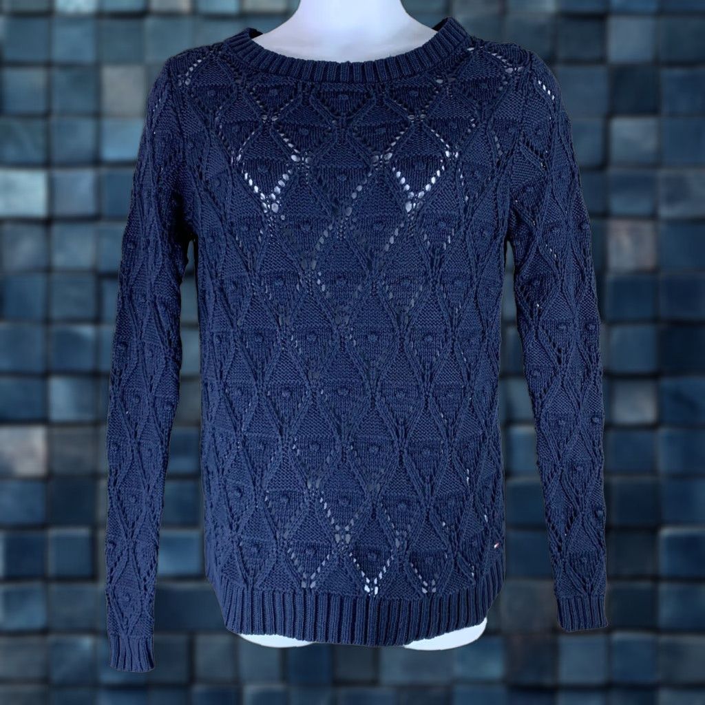 TOMMY HILFIGER Women's Pullover Sweater Medium Blue Long Sleeve Open-Knit Classic NEW