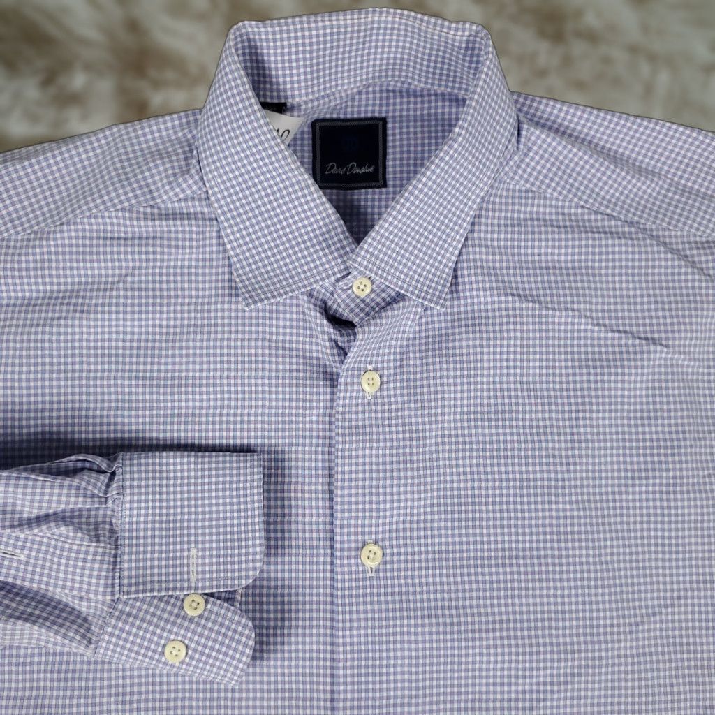David Donahue David Donahue Dress Shirt Mens 17.5 Purple Check Long Sleeve Button-Up Cotton 100% Regular Fit Size 46R - 1 Thumbnail