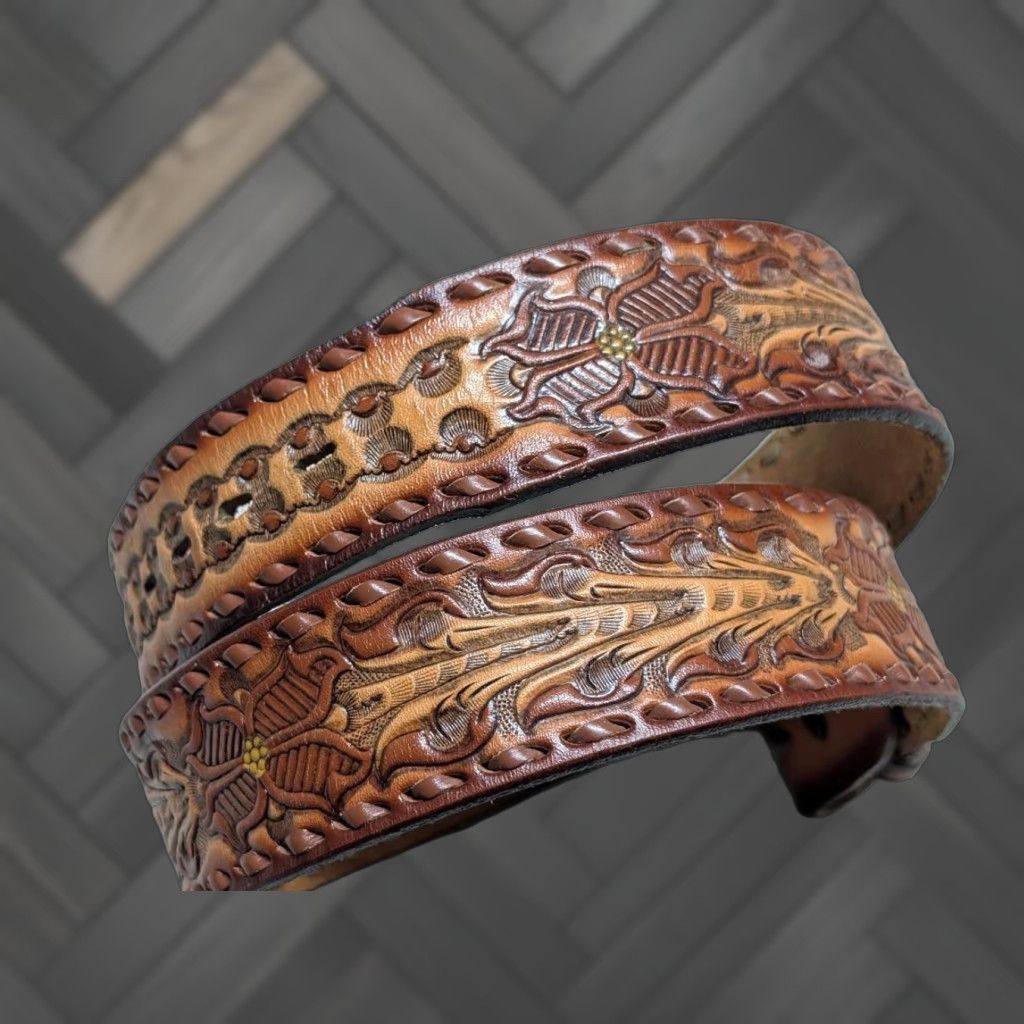 Tony Lama VINTAGE Tony Lama Belt Western Belt Men 30 Brown Leather Cowhide Tooled Floral USA Made Buckle Slim 1-3/4" Western Theme Southwestern Mens Size 30 - 1 Thumbnail