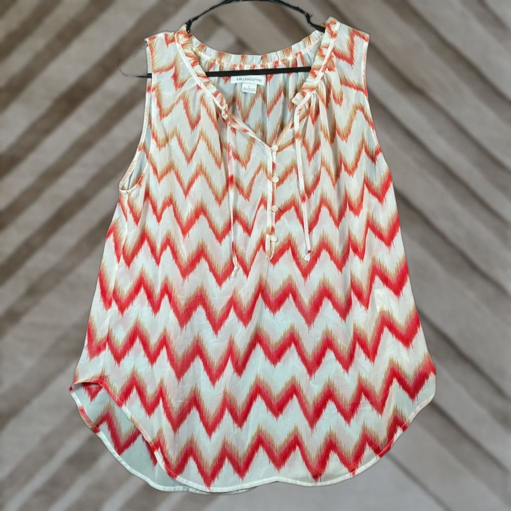 Liz Claiborne Liz Claiborne Womens Blouse Multicolor Zig Zag Sleeveless VNeck Henley Sheer L Shirt Size L / US 10 / IT 46 - 1 Thumbnail