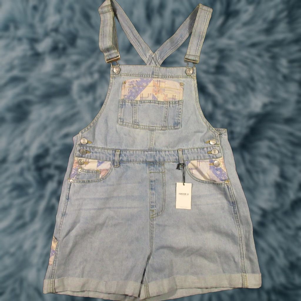 Forever 21 Forever 21 Overall Shorts Women M Denim Floral Embellished Blue 90s Y2K Fairy Casual Bermuda Shorts Size 32" / US 10 / IT 46 - 1 Thumbnail