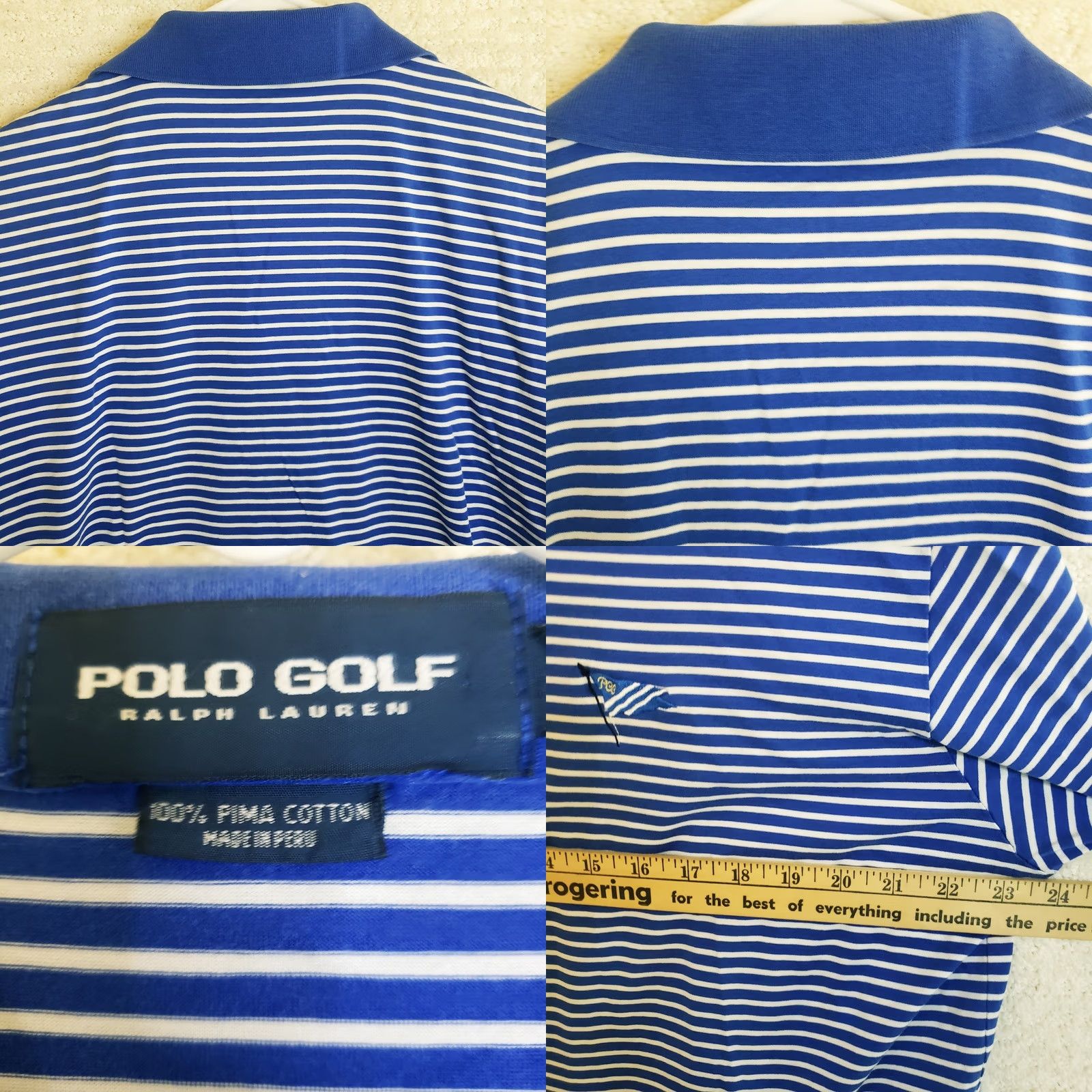 Ralph Lauren VINTAGE Polo Golf Ralph Lauren Pima Cotton Shirt Men's L Blue Stripe SS Flag Logo Size US L / EU 52-54 / 3 - 8 Thumbnail