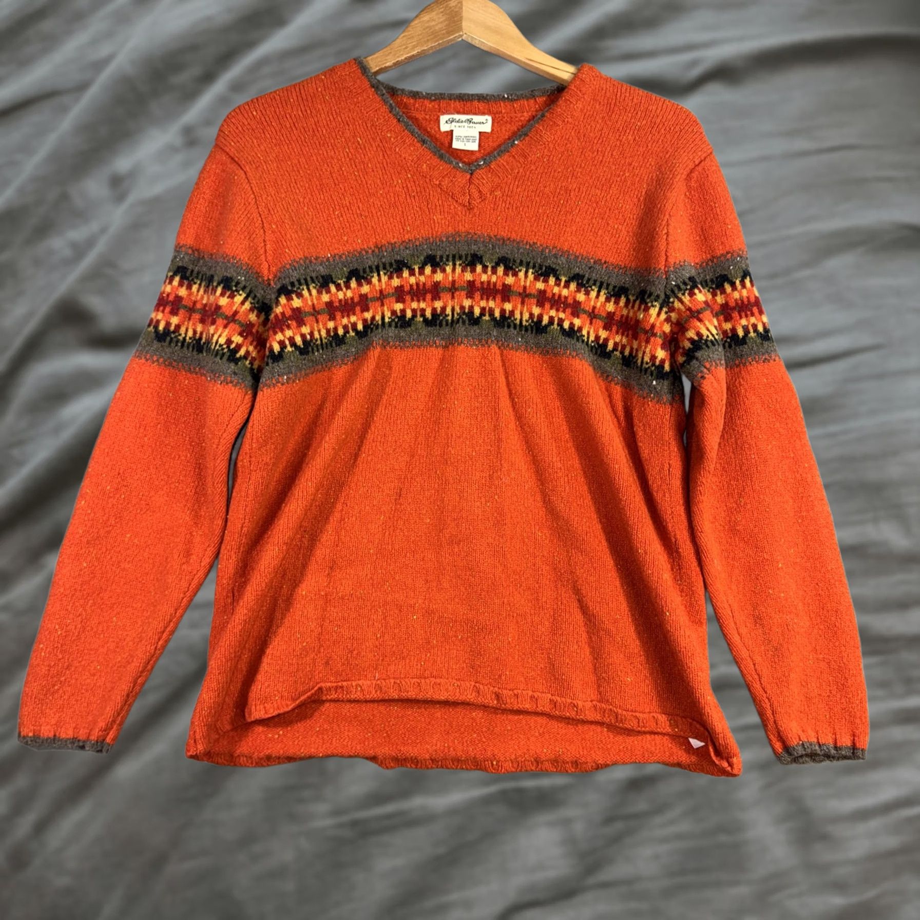 Eddie Bauer Eddie Bauer Sweater Womens Large Orange Lambswool Fair Isle V Neck Pullover Size L / US 10 / IT 46 - 1 Thumbnail