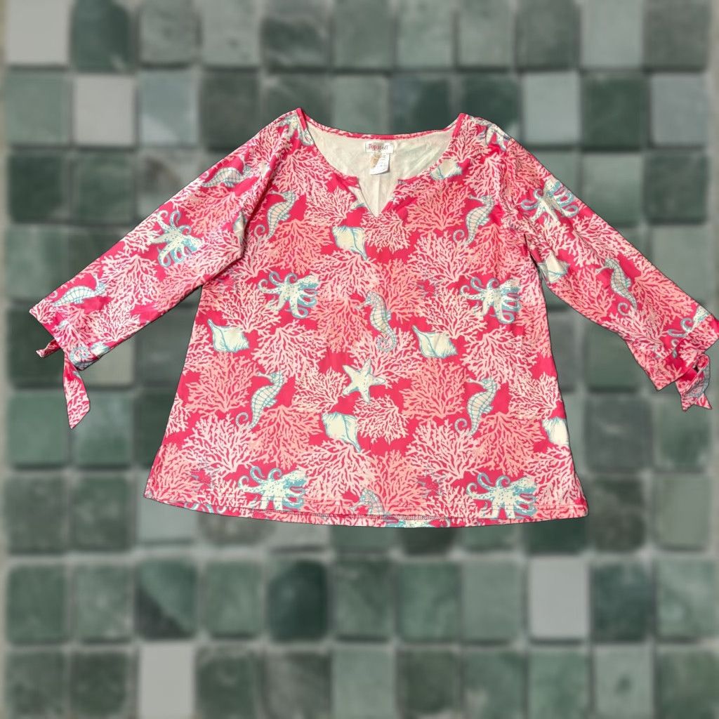 Vintage Top It Off Top Womens Large Pink Sea Ocean Coral Seahorse Long Sleeve Blouse Tunic Casual V-Neck Pullover Polyester Summer Spring Mens? Wait. Size L / US 10 / IT 46 - 1 Thumbnail