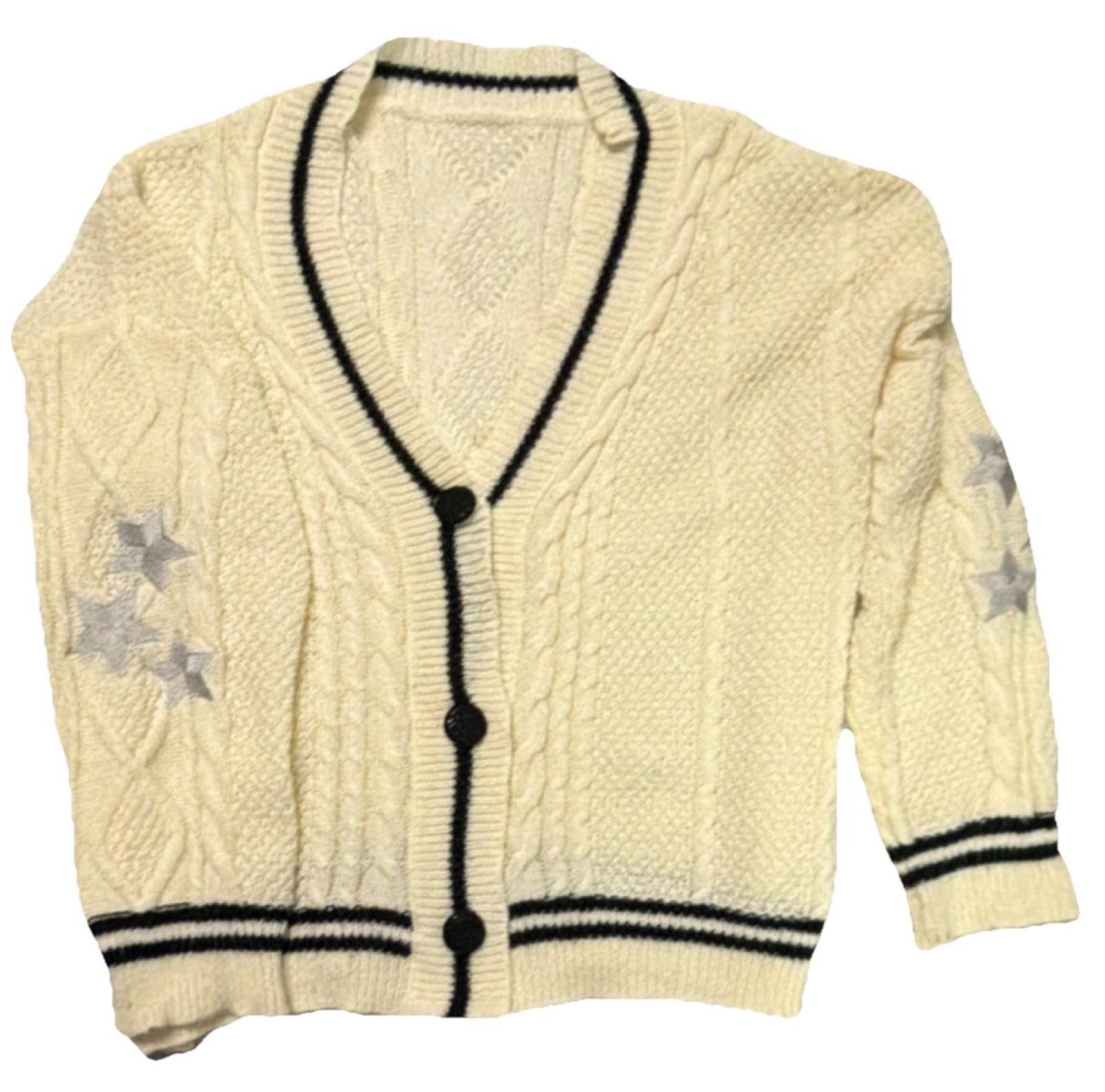 The Unbranded Brand Ivory Black Cable-Knit V-Neck Cardigan Sweater M off label Size M / US 6-8 / IT 42-44 - 1 Thumbnail