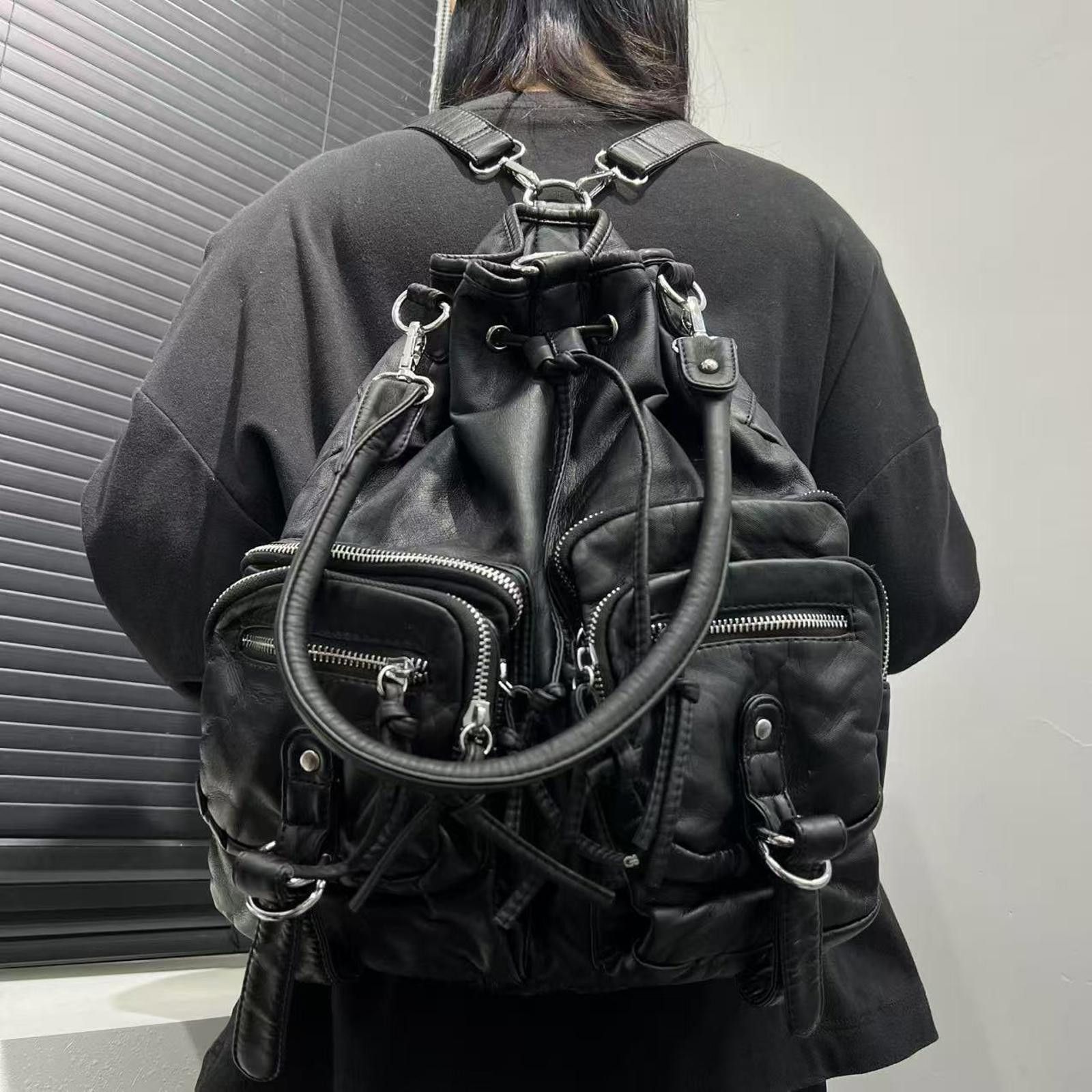 Leather Black Multi-Pocket Drawstring Leather Bag Size ONE SIZE - 4 Thumbnail