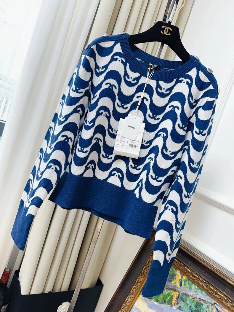 Chanel Chanel 21P navy blue white double C wavy knitted sweater Size M / US 6-8 / IT 42-44 - 1 Thumbnail