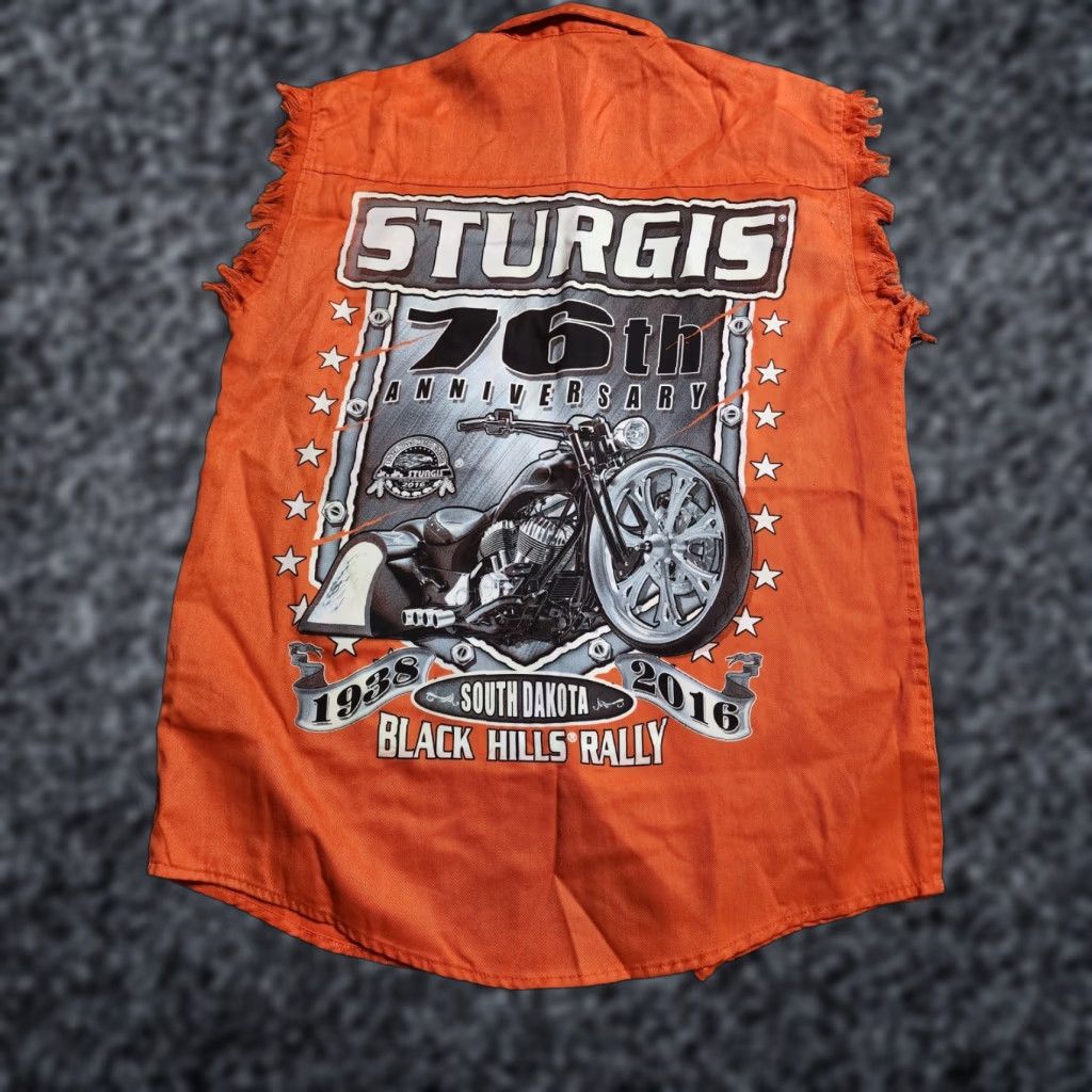 Doublet VEST Biker Pride Mens M Orange 2016 Sturgis Black Hills SD Cut Off Distressed Double-Sided Button-Up Collared Size US M / EU 48-50 / 2 - 1 Thumbnail