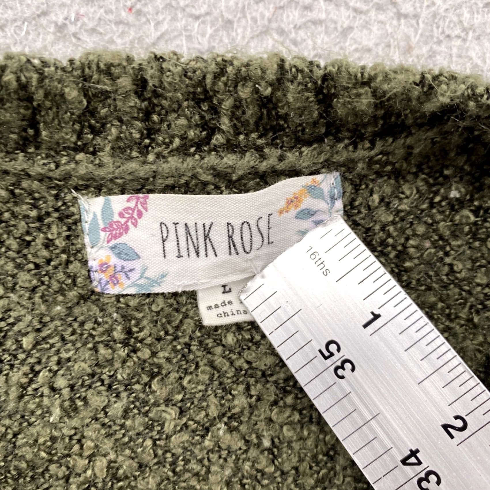 Vintage Pink Rose Pullover Sweater Women’s Green Acrylic Knit Long Sleeve Size L Size L / US 10 / IT 46 - 3 Thumbnail