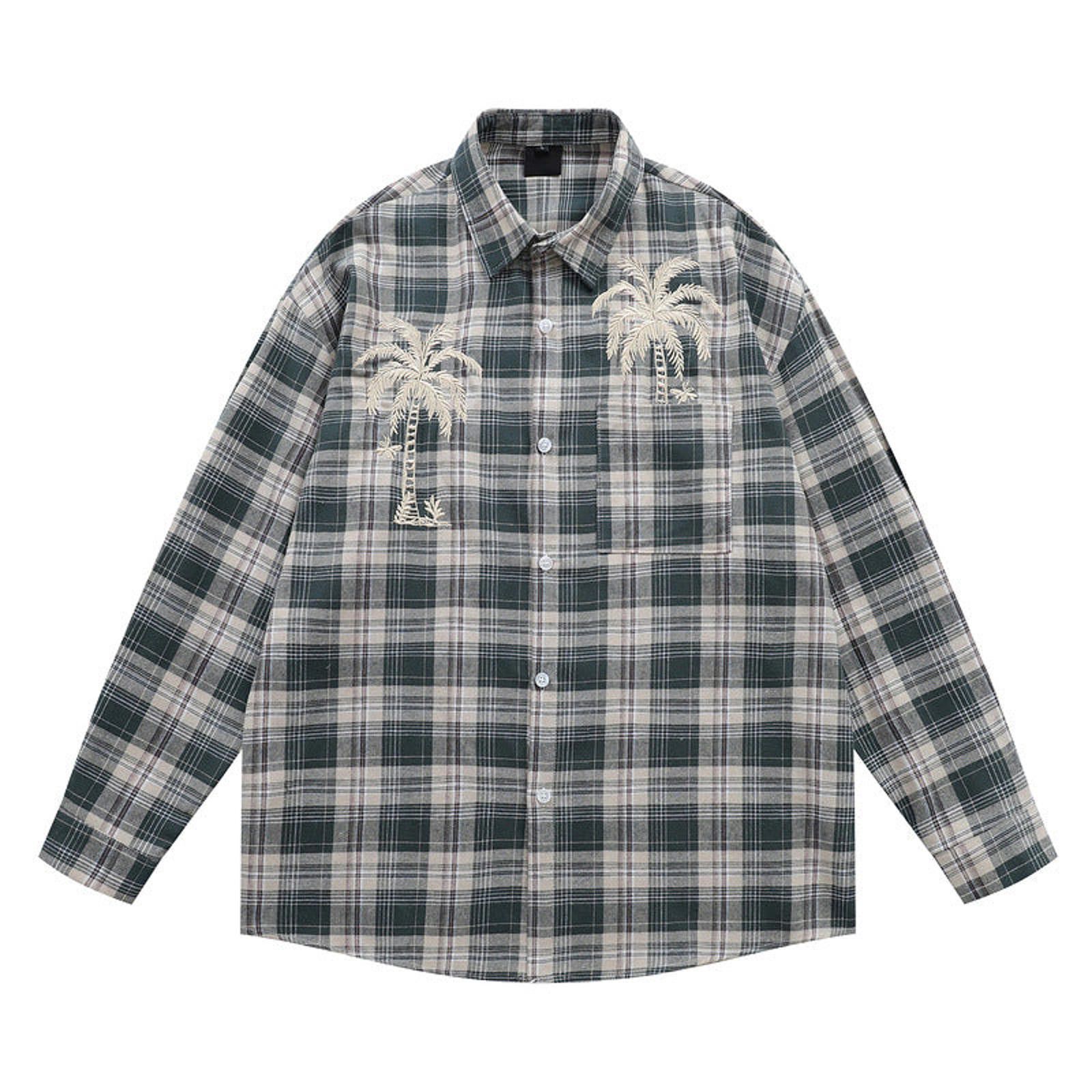 Flannel Long Sleeve Button Shirt with Palm Tree Embroidery