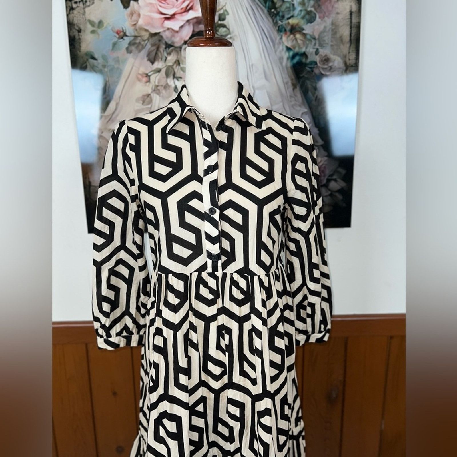 Zara New Zara Monochrome Poplin Cotton Geometric Pattern Dress! Size XS / US 0-2 / IT 36-38 - 3 Thumbnail