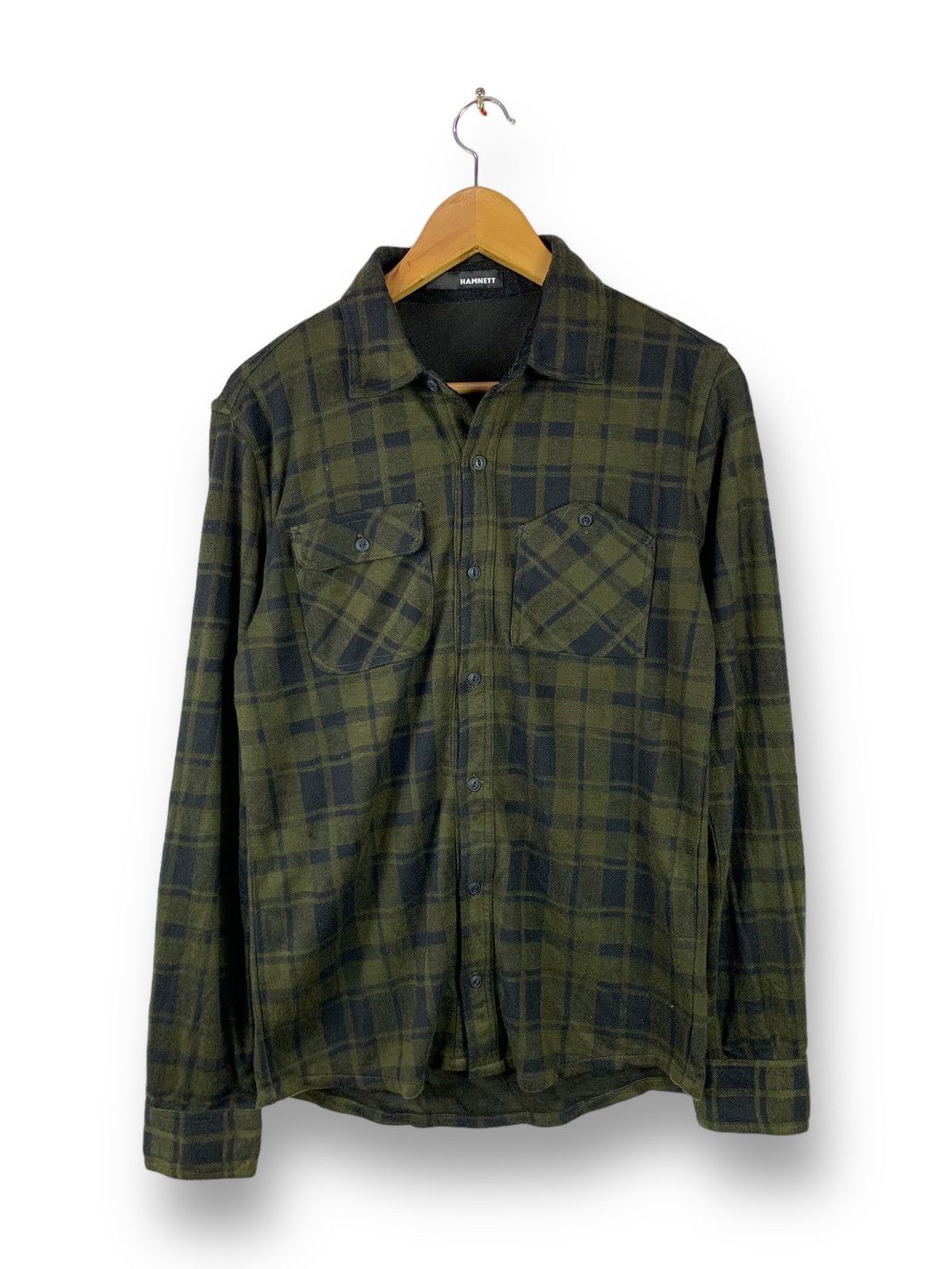 image of Katharine Hamnett London Steals! Hamnett Plaid Double Pocket Button Shirt Flannel in Green Navy (Si