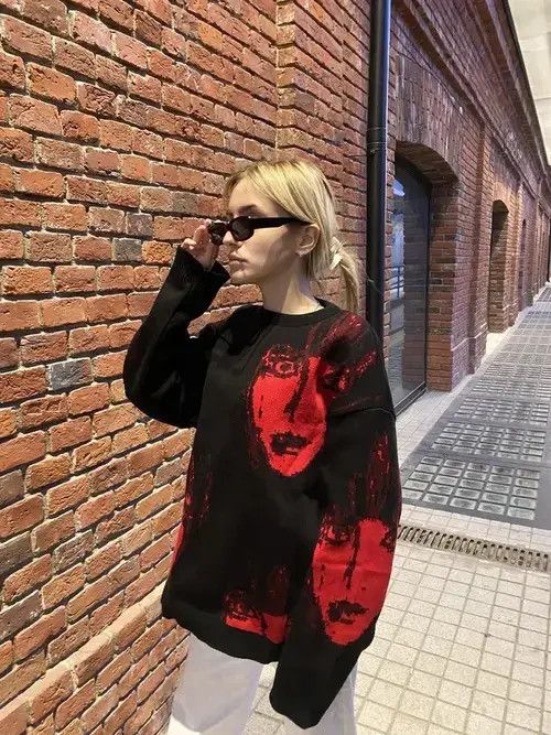 VIBE Harajuku Knitted Sweater Faces Portrait Size US L / EU 52-54 / 3 - 2 Thumbnail
