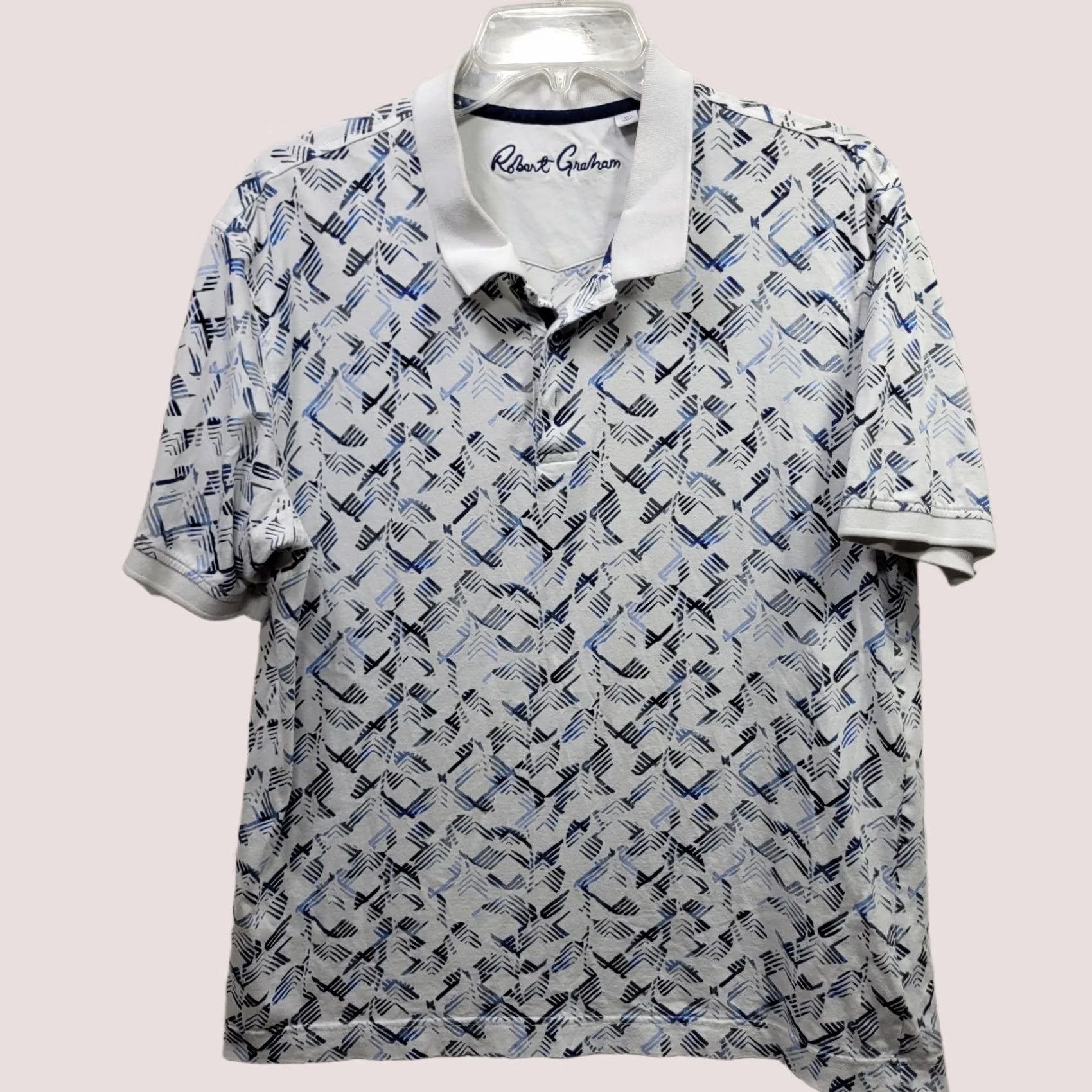 Robert Graham Polo Shirt Mens Large White Blue Geometric Print Short Sleeve, Men's