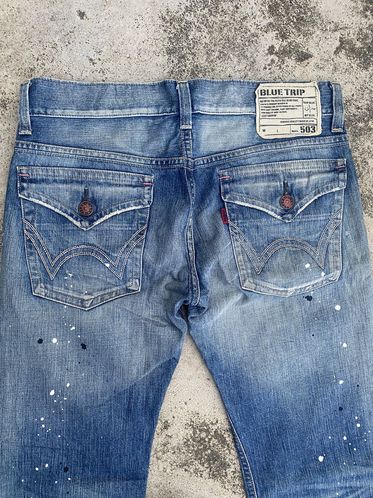 Edwin × Vintage Flare Jeans Edwin Blue Trip Distressed Painted Bootcut Size US 35 - 22 Thumbnail