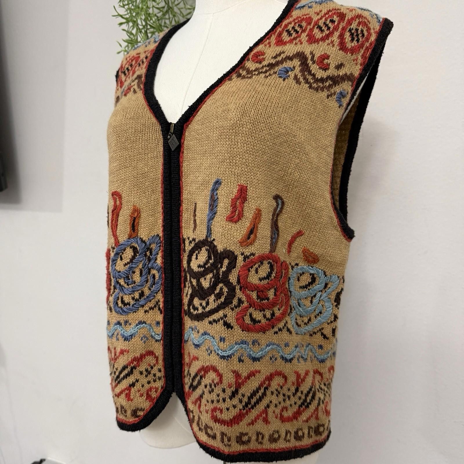 Designer Vintage Embroidered Coffee Vest Zip Up Womens XL Size XL / US 12-14 / IT 48-50 - 3 Thumbnail