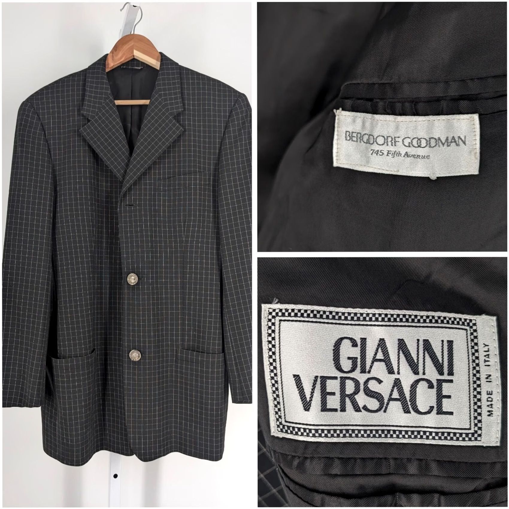 Versace VINTAGE Versace Blazer 90s Black Windowpane Three-Button Jacket Men S Regular 32" Length 40" Sz Pit to Pit 20" Size 36R - 2 Thumbnail