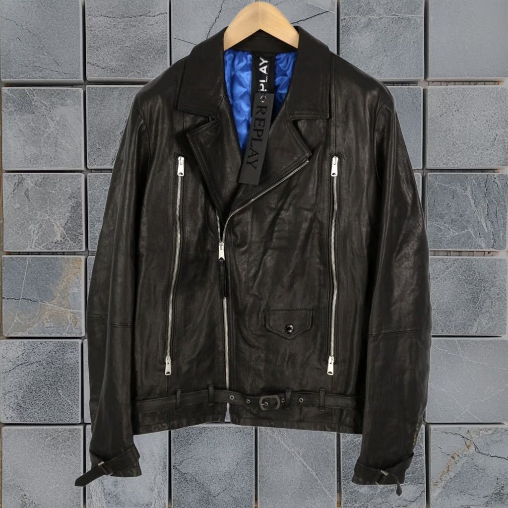 Replay Leather Biker Jacket 1XL Black Lined With Belt Zipper Men's, Men's