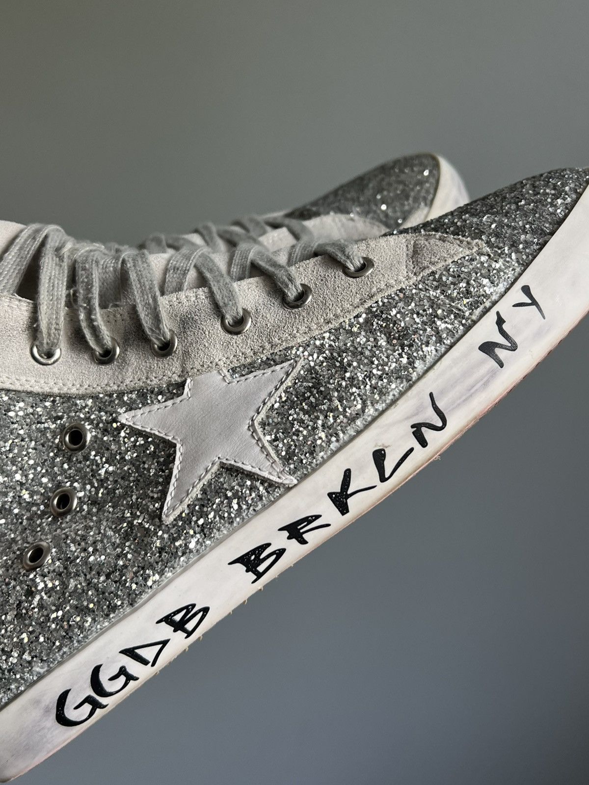 Golden Goose Golden Goose Superstar Glitter Silver High-Top Sneakers Size US 12.5 / EU 45-46 - 7 Thumbnail