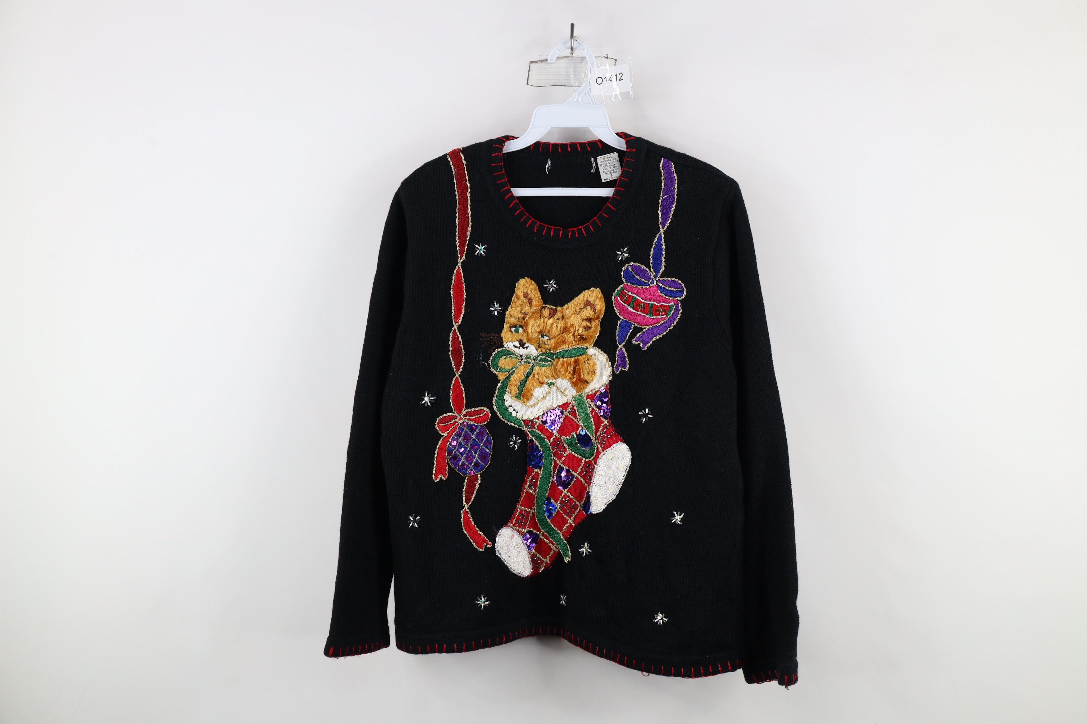 Vintage Vintage 90s Cat Kitten Stocking Beaded Knit Sweater Black Size S / US 4 / IT 40 - 1 Thumbnail