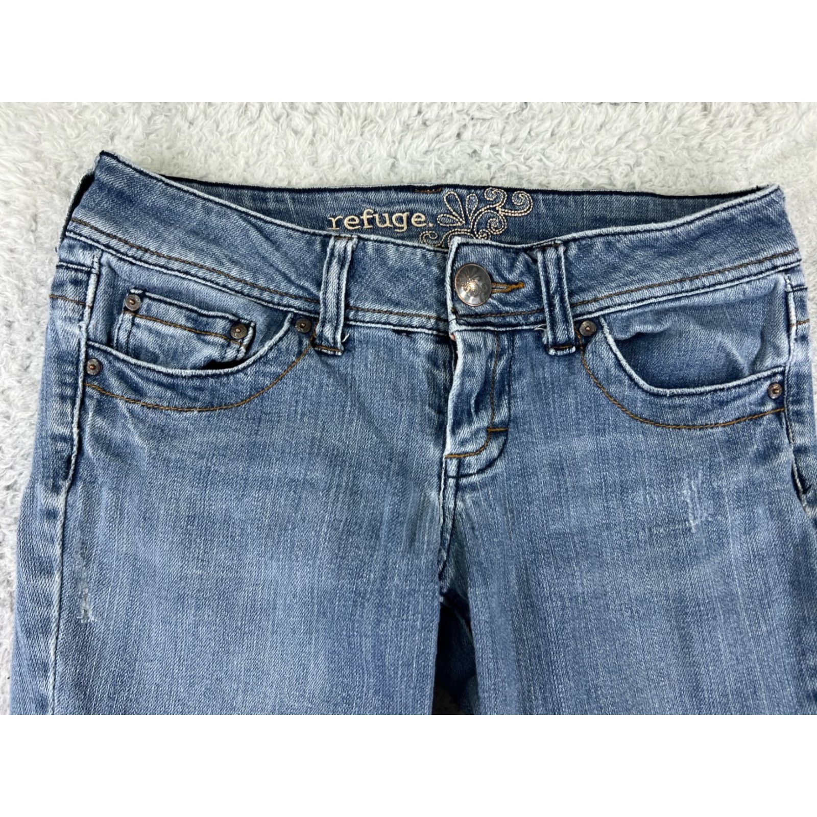 Denime Refuge Jeans Womens 7 Blue Denim Flared Distressed Embroidered Cotton Jeans Size 28" / US 6 / IT 42 - 6 Thumbnail