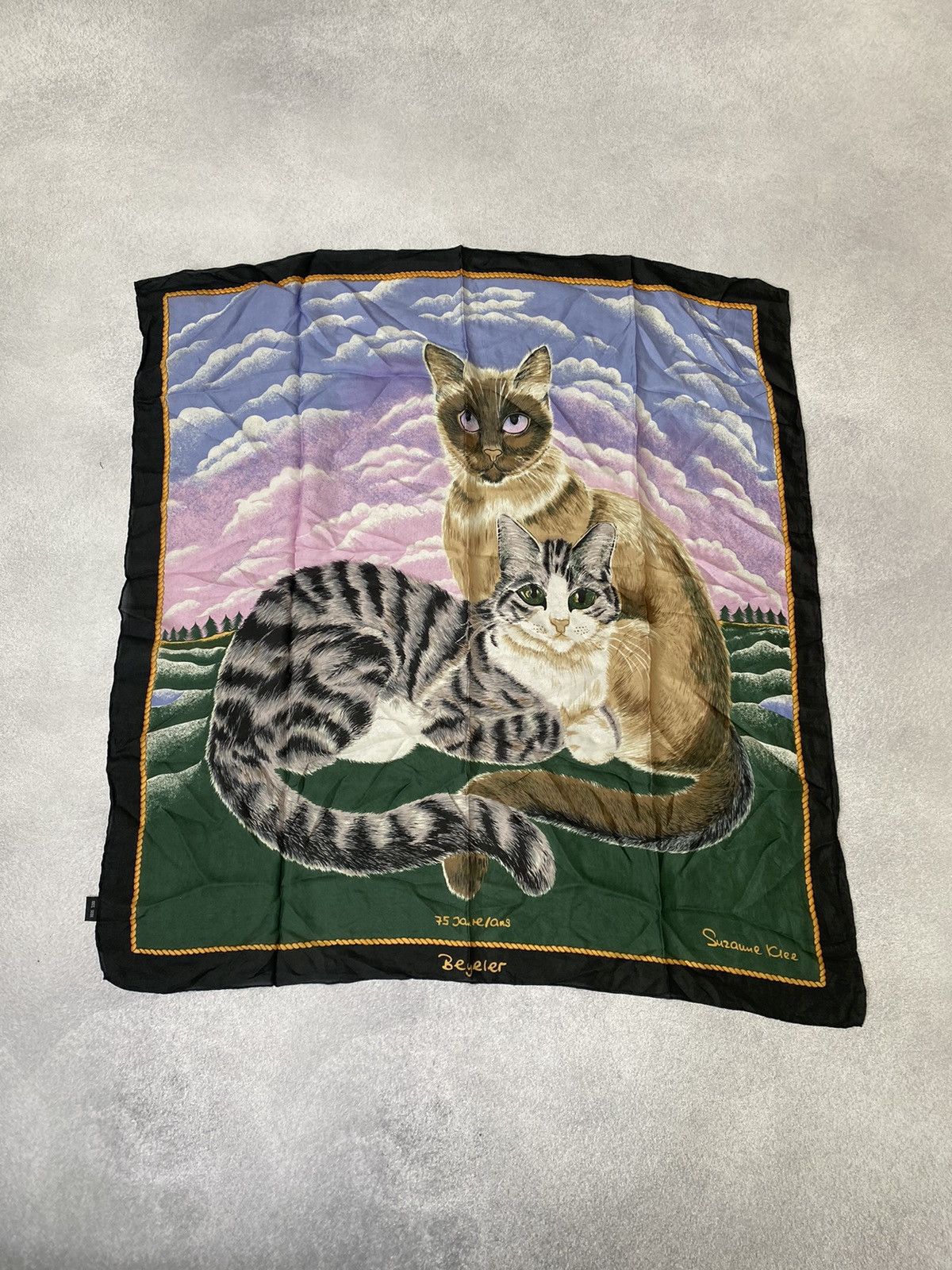 Designer × Vintage SCARF VINTAGE SUZANNE Klee Beyeler Siamese Cats Green Silk Size ONE SIZE - 1 Thumbnail