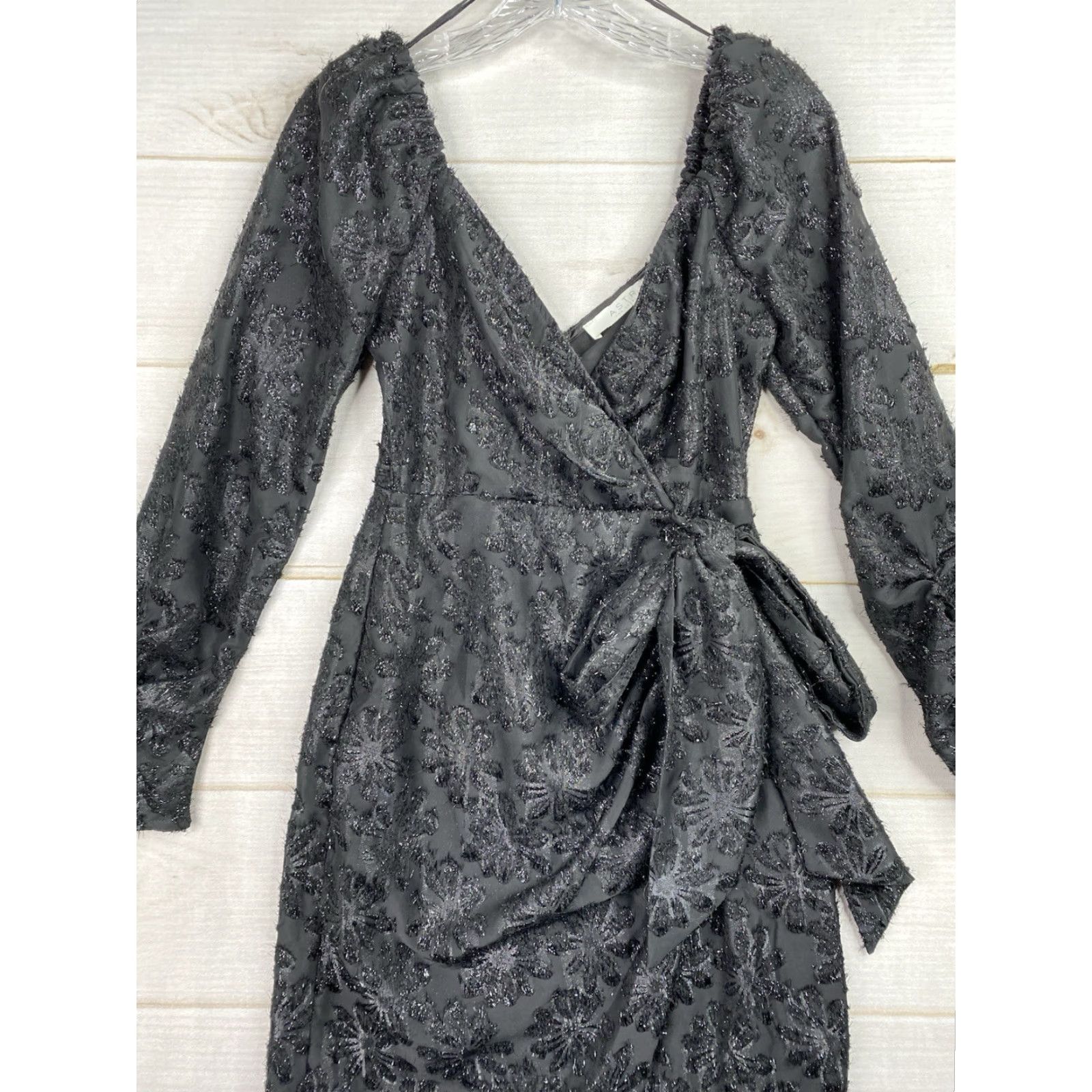 ASTR The Label Dress XS Black Glitter Floral Metallic Faux Wrap Ruched Midi  Formal Party/Cocktail