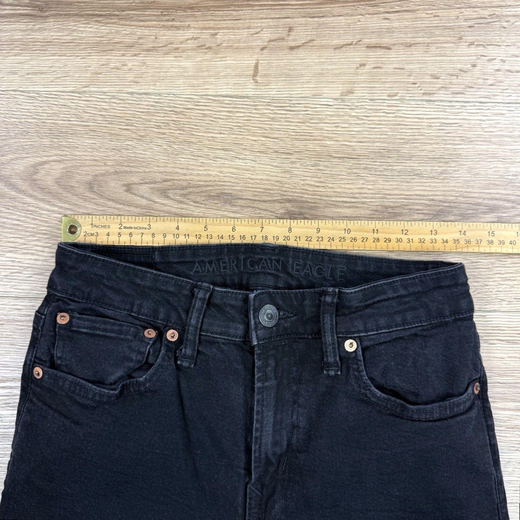 American Eagle Outfitters American Eagle Mens Slim Straight Jeans Black Denim 29x30 AirFlex Slimming 8-10 Rise Jeans Black Leather Patch? Size US 29 - 3 Thumbnail