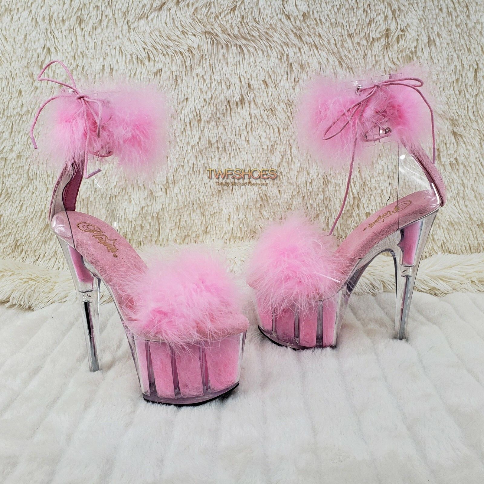 Other Adore 724 Baby Pink Marabou Platform Shoes Sandals 7" High H Size US 11 / IT 41 - 4 Thumbnail