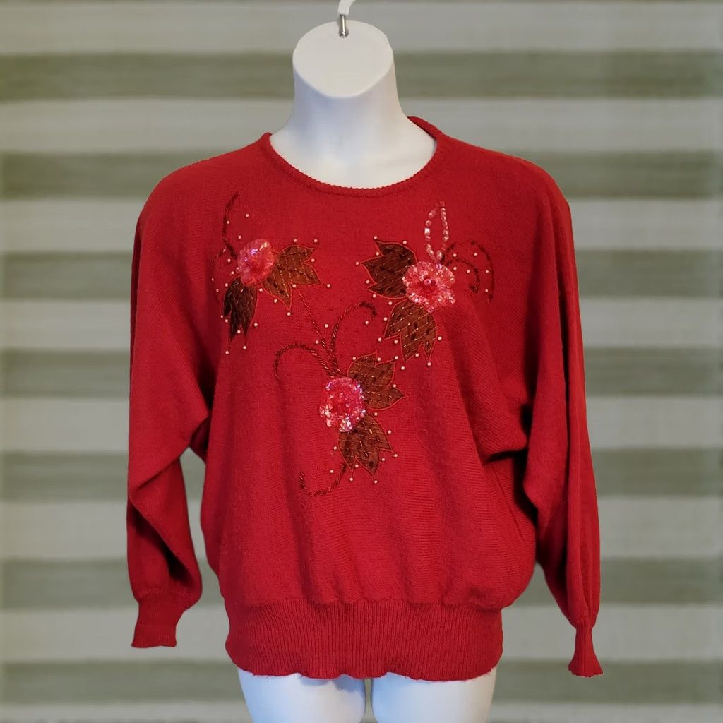 Vintage VINTAGE Debra Martin Beaded Red Faux Cashmere XL Sweater 1980s Beaded Womens Size XL / US 12-14 / IT 48-50 - 1 Thumbnail