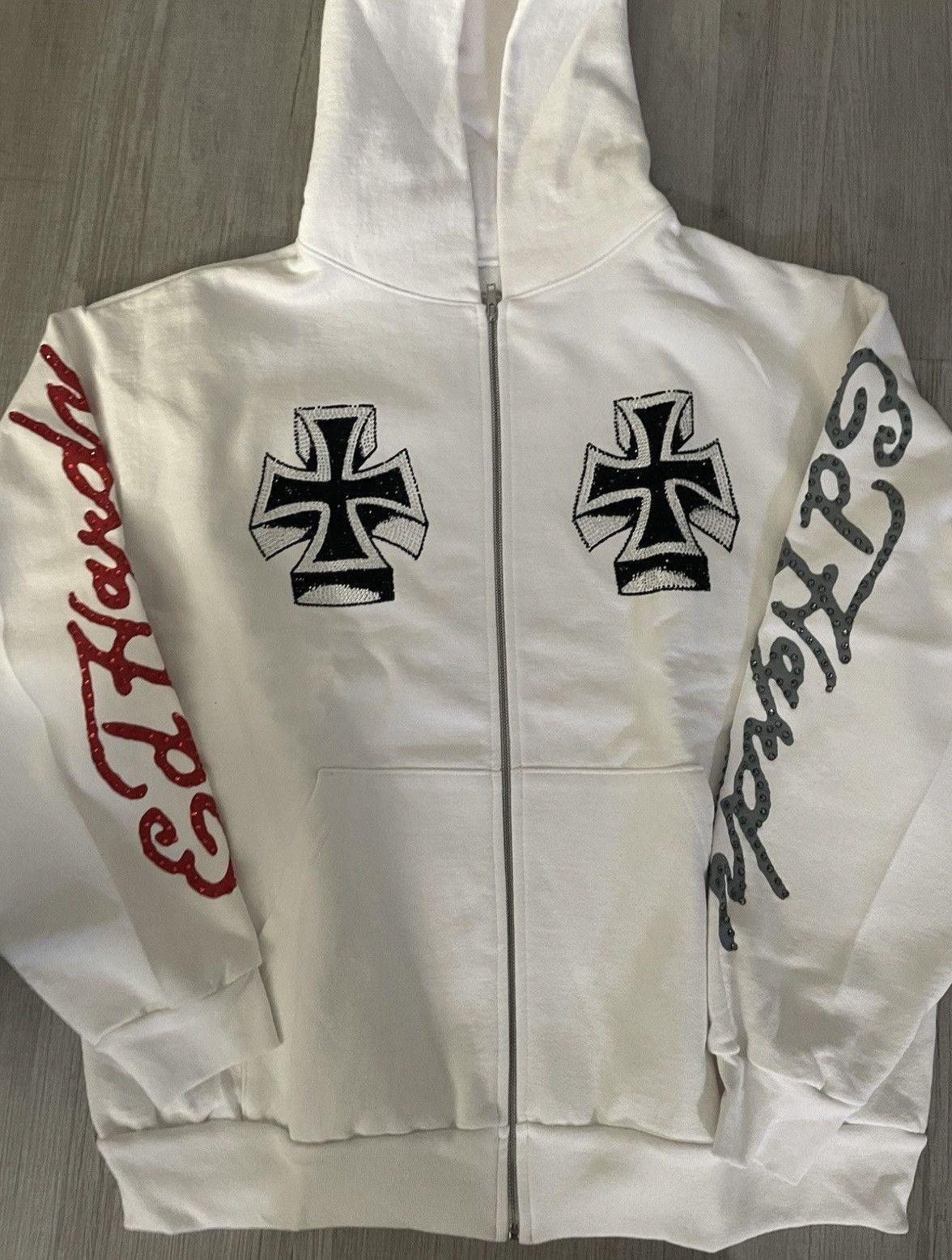 Ken Carson × Edhardy zip up hoodie Ed Hardy X Ken Carson Xman Mens Rhinestone Zip Hoodie Black