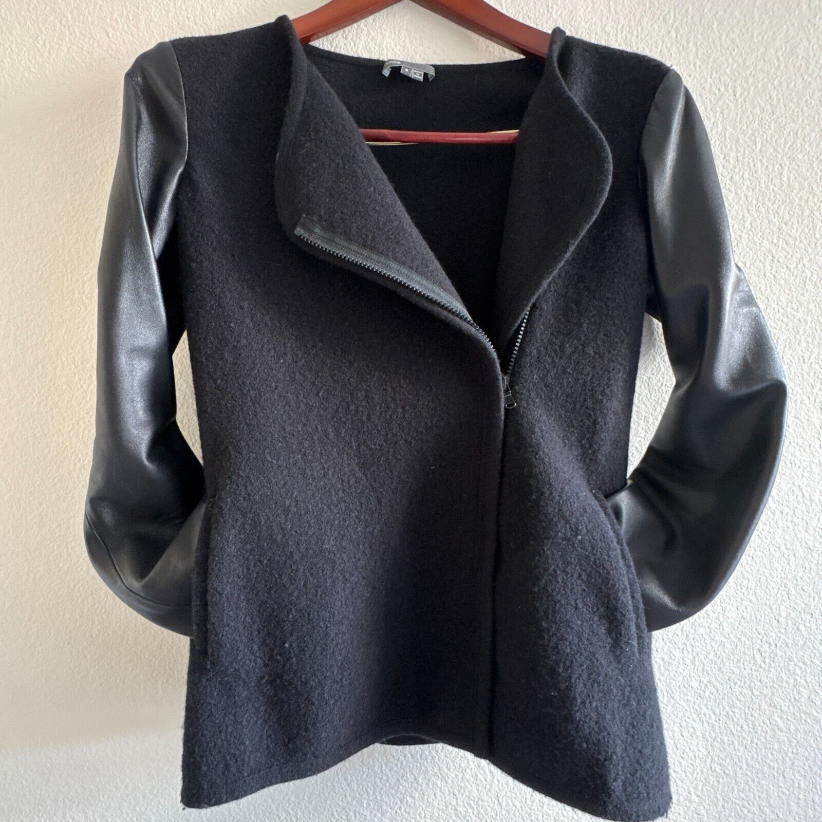 Vince Vince Wool Leather Sleeve Moto Black Jacket Pockets Zip Wom Size S / US 4 / IT 40 - 1 Thumbnail