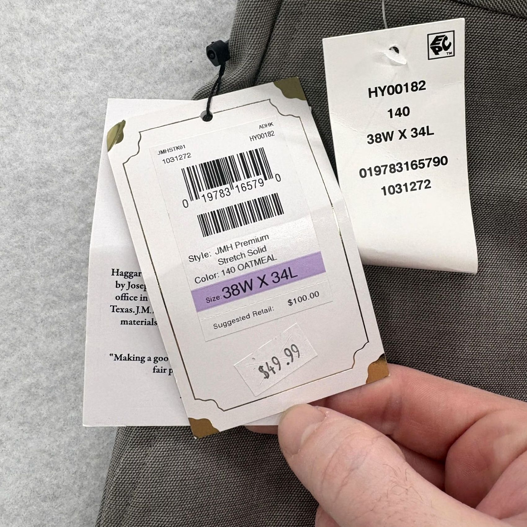Haggar J.M. Haggar Premium Stretch Dress Pants Mens 38x34 Beige Classic Fit Flat Front Pockets Slim Straight Slant Pocket Business Formal Wedding Size US 38 / EU 54 - 4 Thumbnail