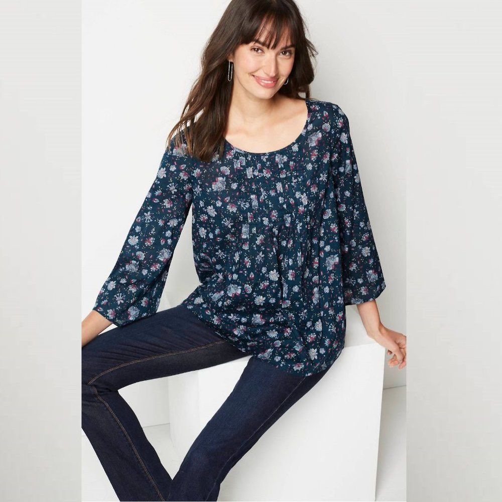 J. Jill New J. Jill Pintucked Floral Cotton Peacock Folkloric Vine Size S / US 4 / IT 40 - 1 Thumbnail