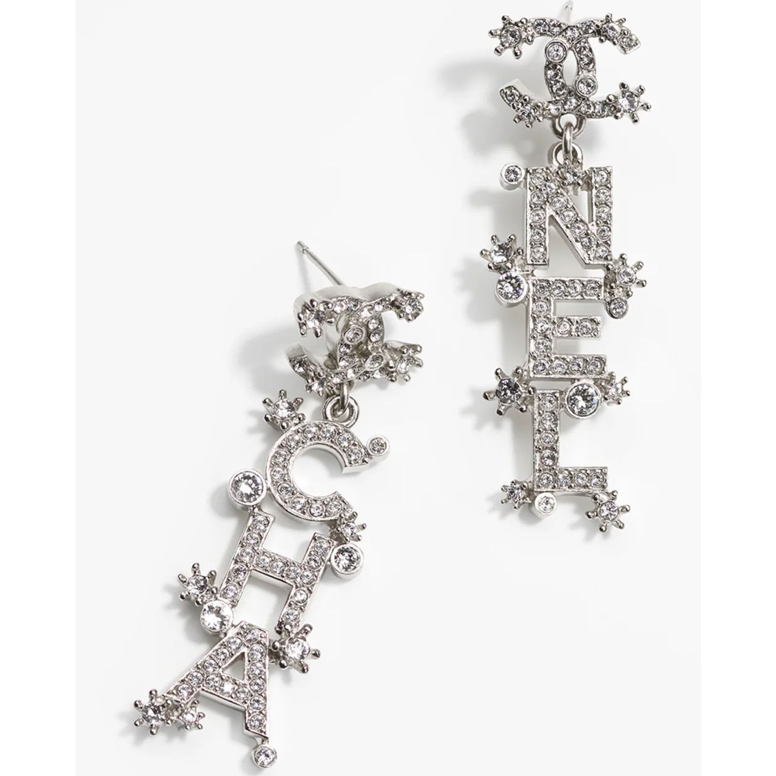 Chanel Chanel Silver Crystal Letter Statement Stud Drop Earrings Size ONE SIZE - 7 Thumbnail