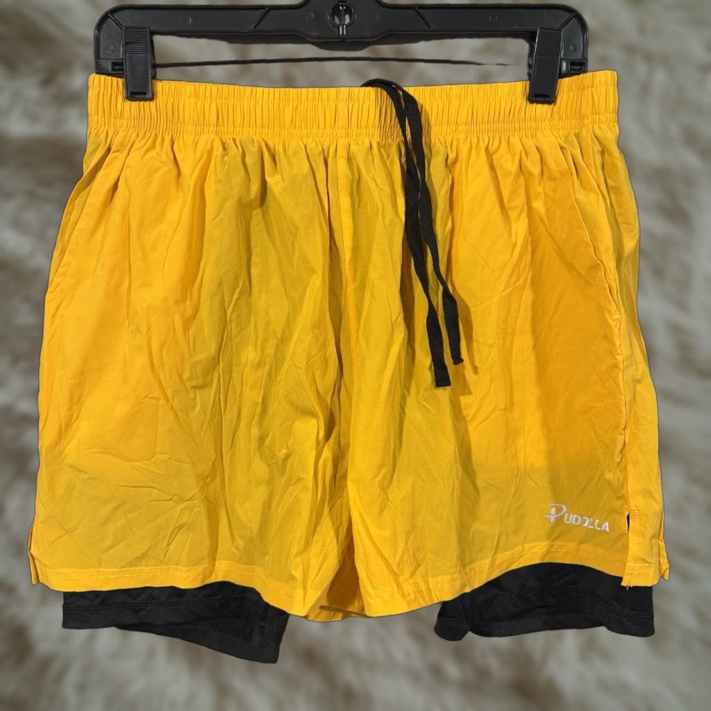 Vintage Pudolla Mens Sz L Running Training Shorts Gym Athletic Workout Shorts Zip Pocket Yellow Nylon Elastic Moisture Wicking Pockets Reflective Athletic Size US 33 - 1 Thumbnail
