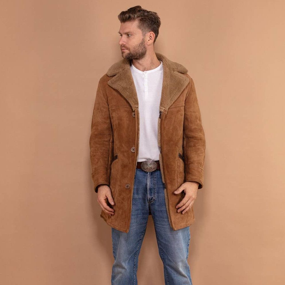 Sheepskin Coat Vintage 70's Men Sheepskin Suede Coat in Brown Grailed