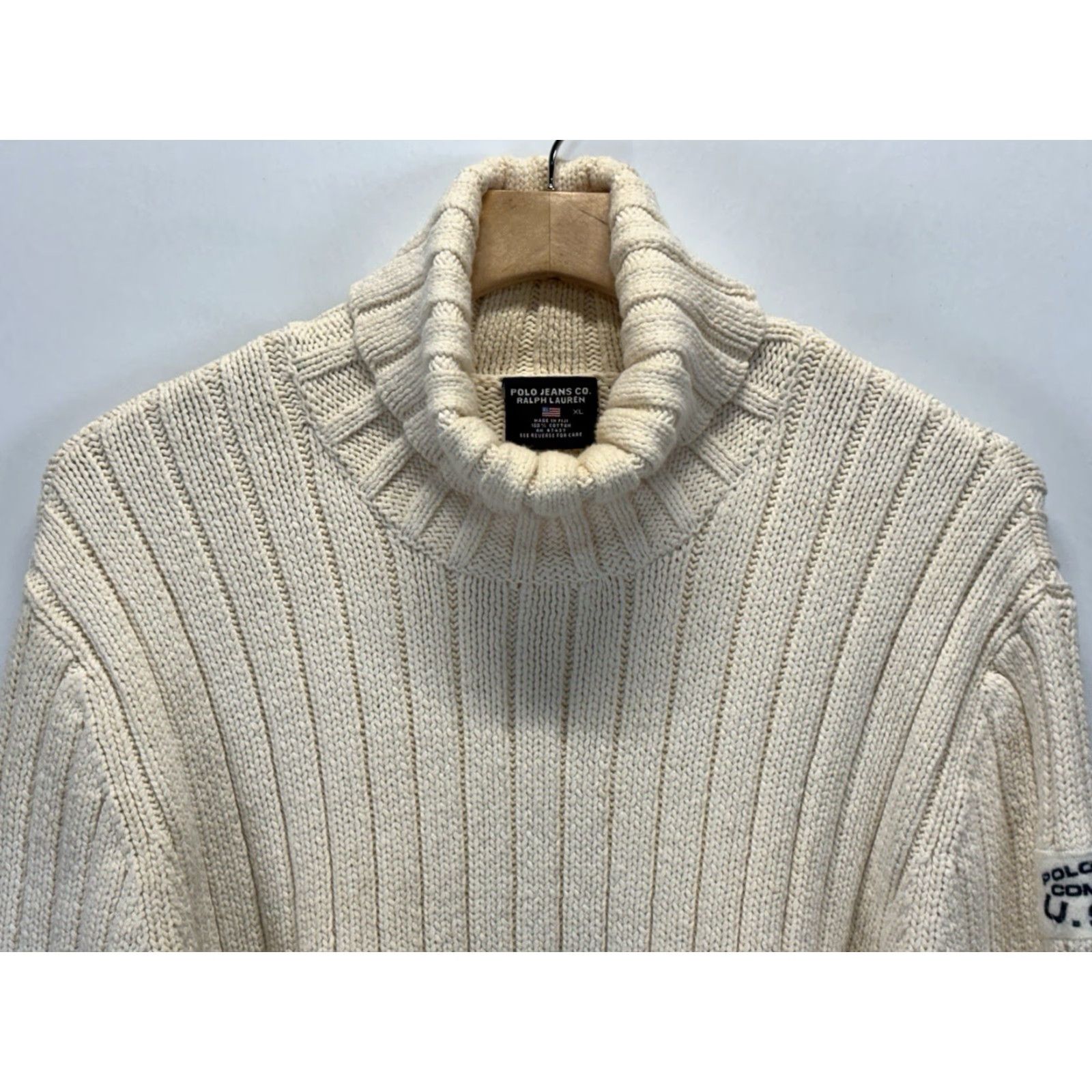 Polo Ralph Lauren VINTAGE Polo Jeans Co Turtleneck Sweater Mens XL Cream Navy Nautical Chunky Knit Pullover Heavyweight Patch Cotton 1980s-1990s Size US XL / EU 56 / 4 - 2 Thumbnail