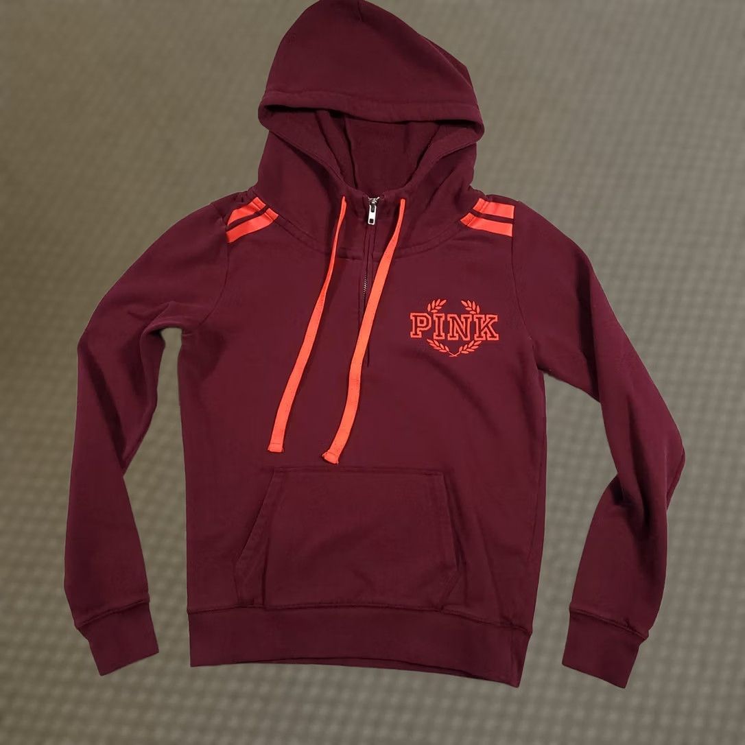 Victoria's Secret VINTAGE? No — exclude. PINK Victoria's Secret Hoodie Womens XS Maroon Pullover 1/2 Zip Hooded Pockets Embroidered Logo Lights Size XS / US 0-2 / IT 36-38 - 1 Thumbnail