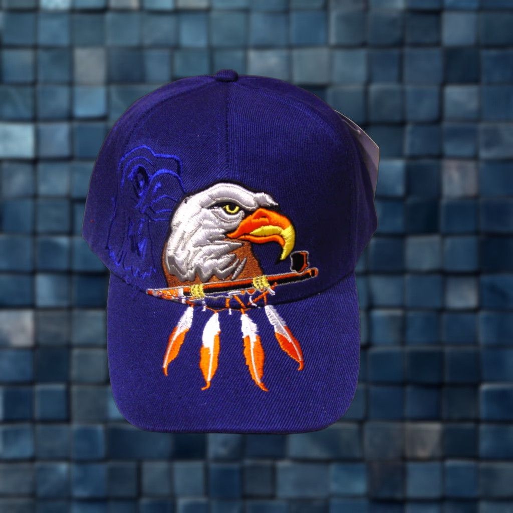 Vintage Eagle and Peace Pipe with Feathers Baseball Cap Blue Adjustable Men Cap Size ONE SIZE - 1 Thumbnail