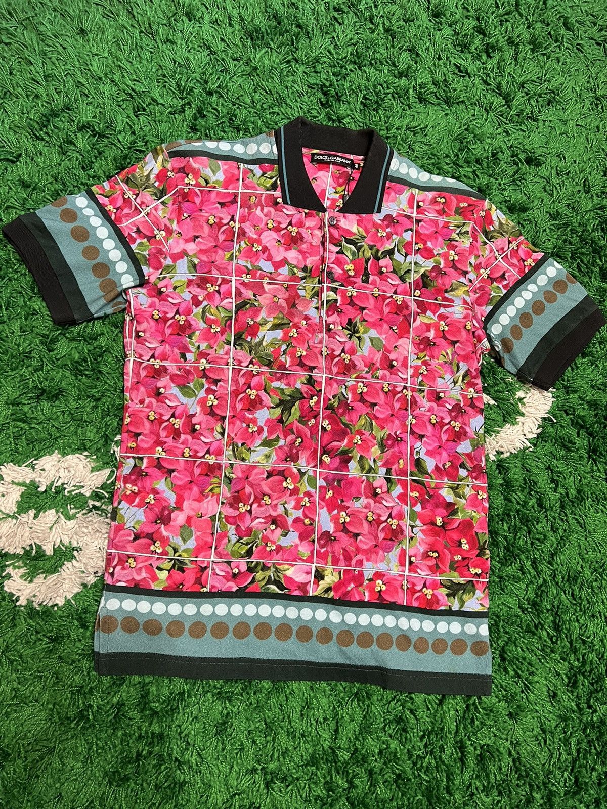 image of Dolce Gabbana Pink Flower Polo Tee Shirt, Men's (Size Medium)