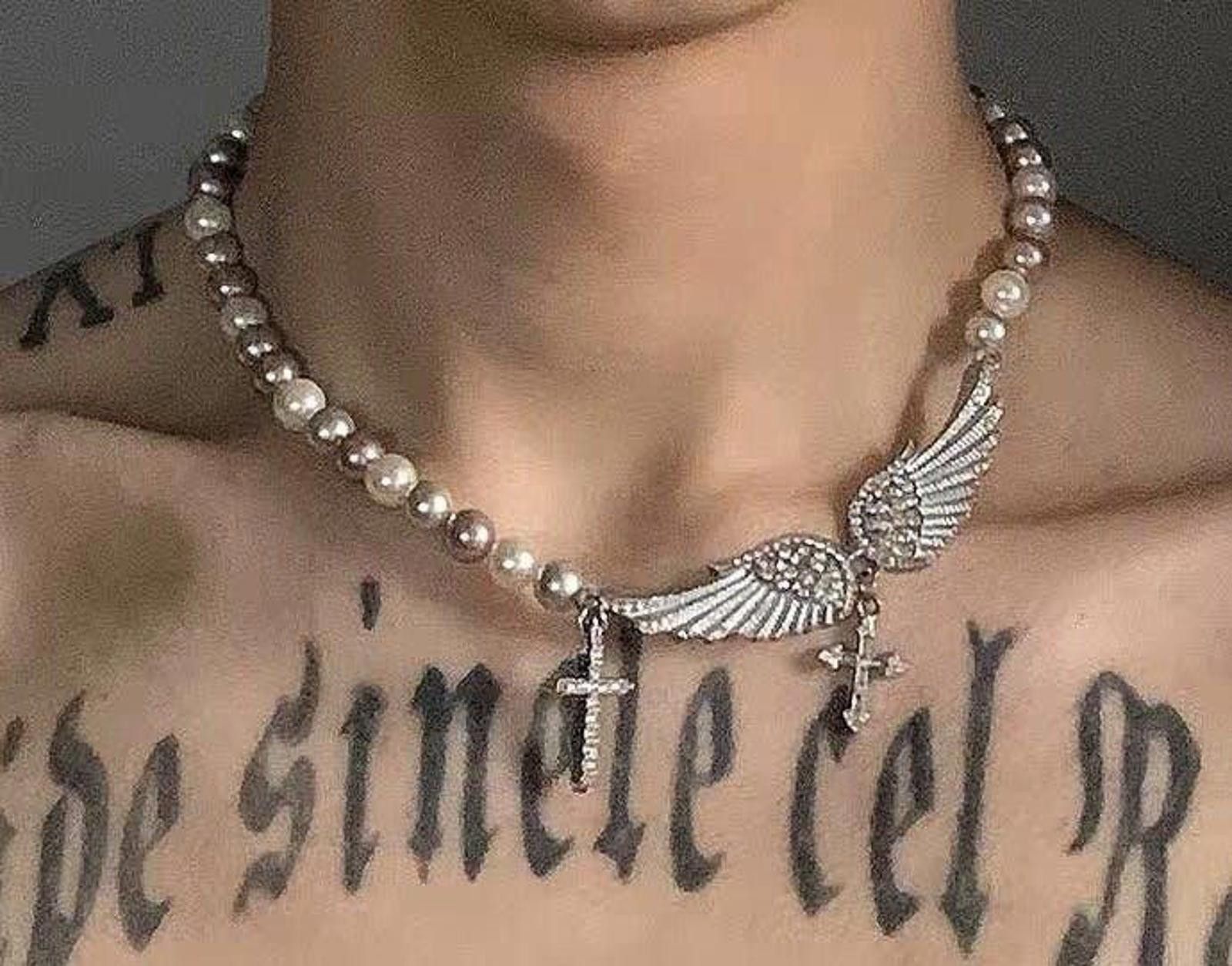 Jewelry Fashion punk angel wing cross pendant pearl chain Necklace Size ONE SIZE - 1 Thumbnail