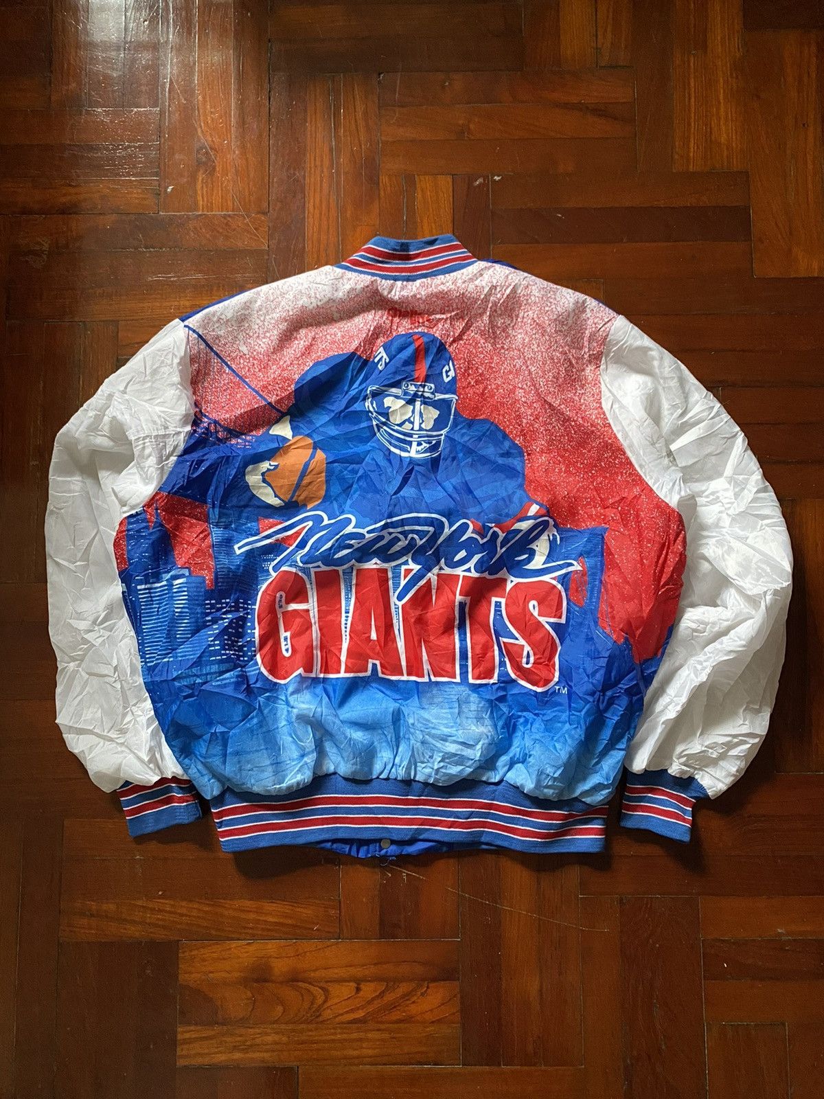 image of Chalk Line x New York Giants Vintage New York Giants Windbreaker Bomber Jacket in Blue (Size XL)