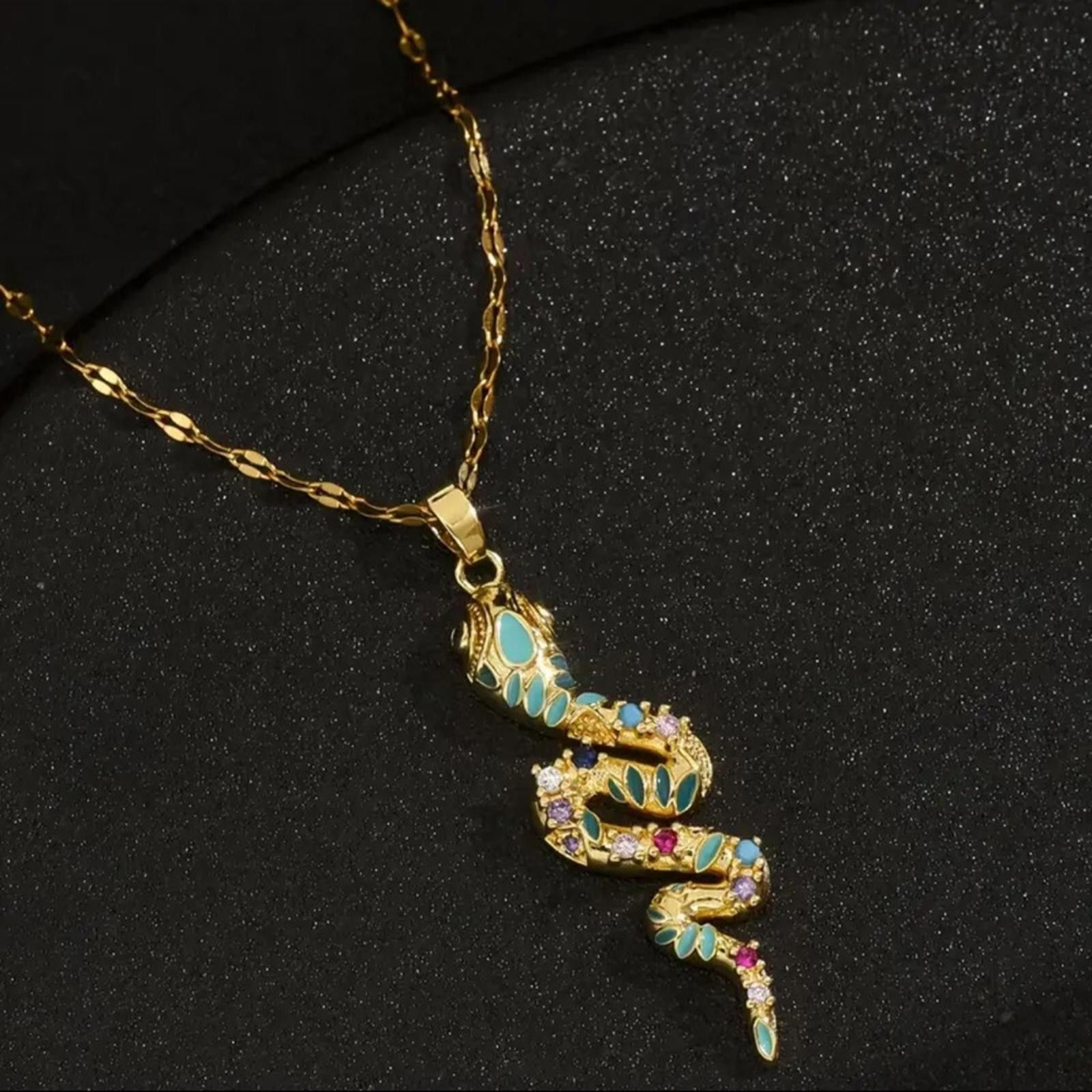 Designer Gold Snake Pendant Necklace with Stones Size ONE SIZE - 1 Thumbnail