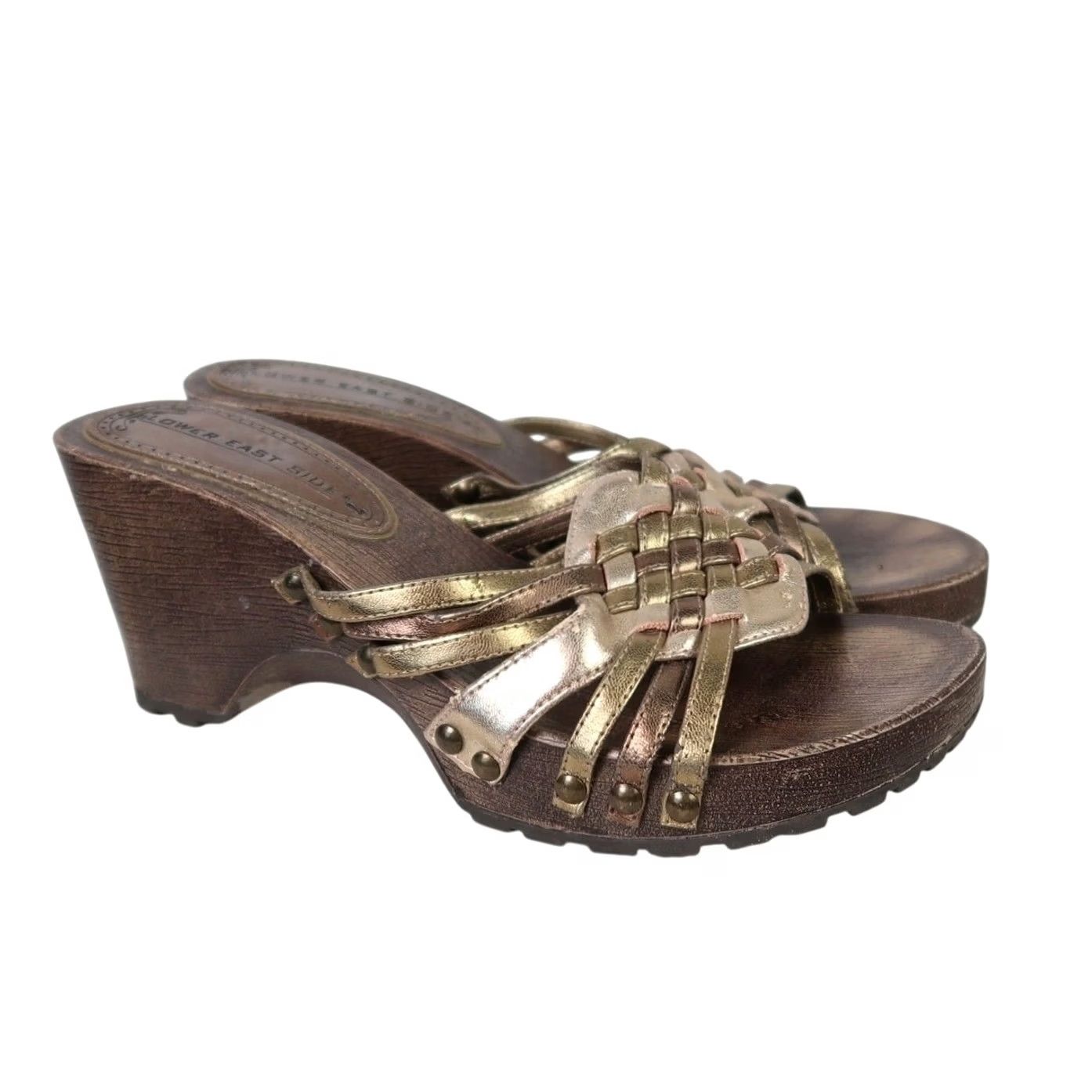 Vintage VINTAGE Lower East Side Metallic Gold Faux Leather Woven Mule Sandal Heels 6 Women's 90s Bohemian Hippie 2.75" Heel Size US 6 / IT 36 - 2 Thumbnail