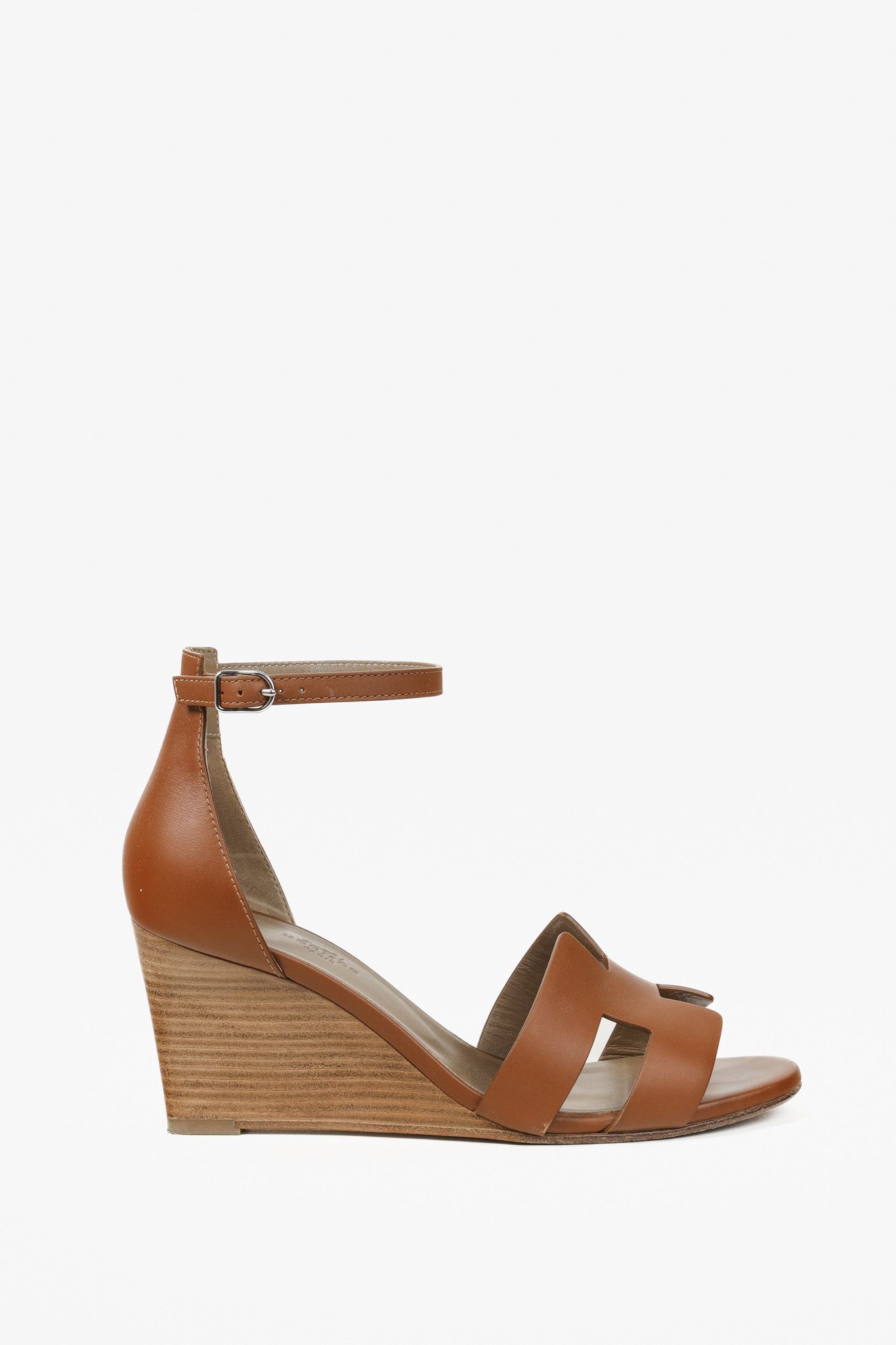 Hermes Hermes Legend Gold Brown H Cut-Out Wedge Sandals Size US 7 / IT 37 - 1 Thumbnail